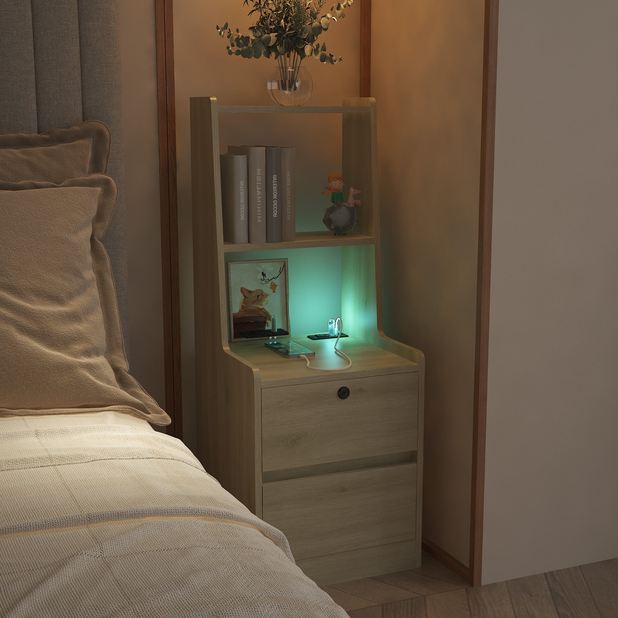 Nightstand with Charging Station, Smart Nightstand with Night Light, Modern Night Stand with Bookshelf, Bedside Tables with Storage Cabinet for Bedroom, Wood Secondary image
