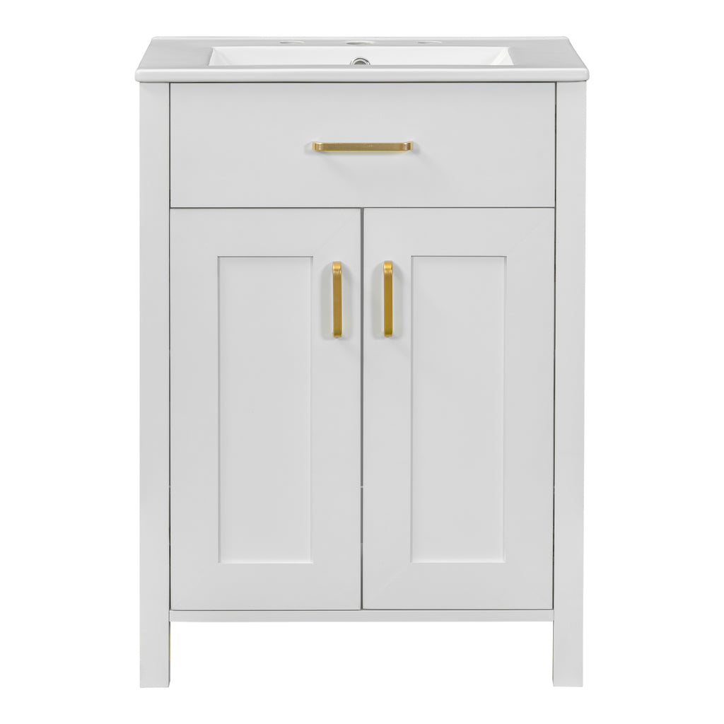Luxurious Space-Saving 24' Bathroom Vanity Combo with Ceramic Sink, Gold Handles, Solid Wood and MDF, 24.2'W*18.3'D*34'H