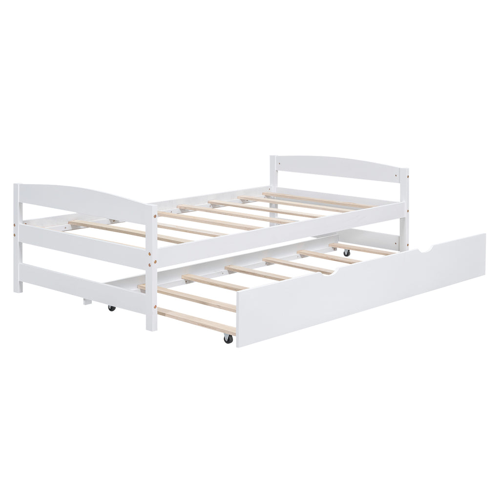 White Twin Size Platform Bed with Twin Trundle, Pine Wood and MDF, 77.4L x 40.6W x 22.1H inches