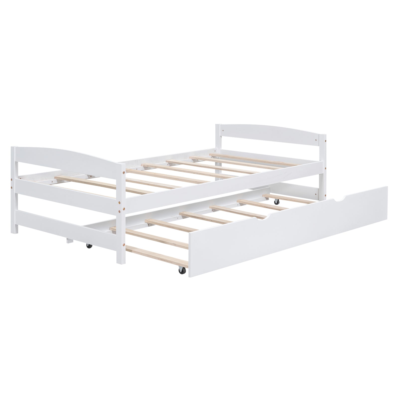 White Twin Size Platform Bed with Twin Trundle, Pine Wood and MDF, 77.4L x 40.6W x 22.1H inches