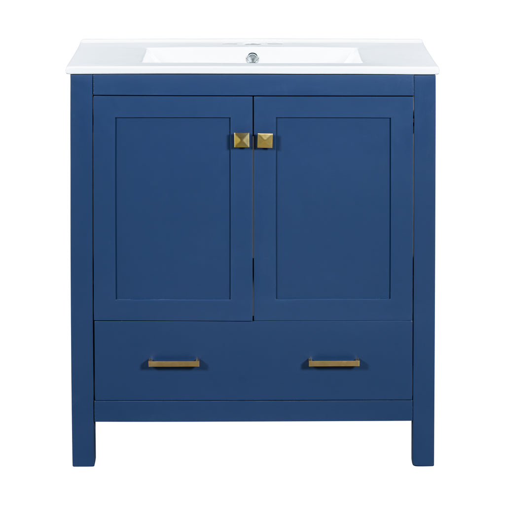 Transitional Blue Bathroom Vanity with Single Ceramic Sink and Solid Wood Frame, 30 Inches