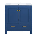 Transitional Blue Bathroom Vanity with Single Ceramic Sink and Solid Wood Frame, 30 Inches