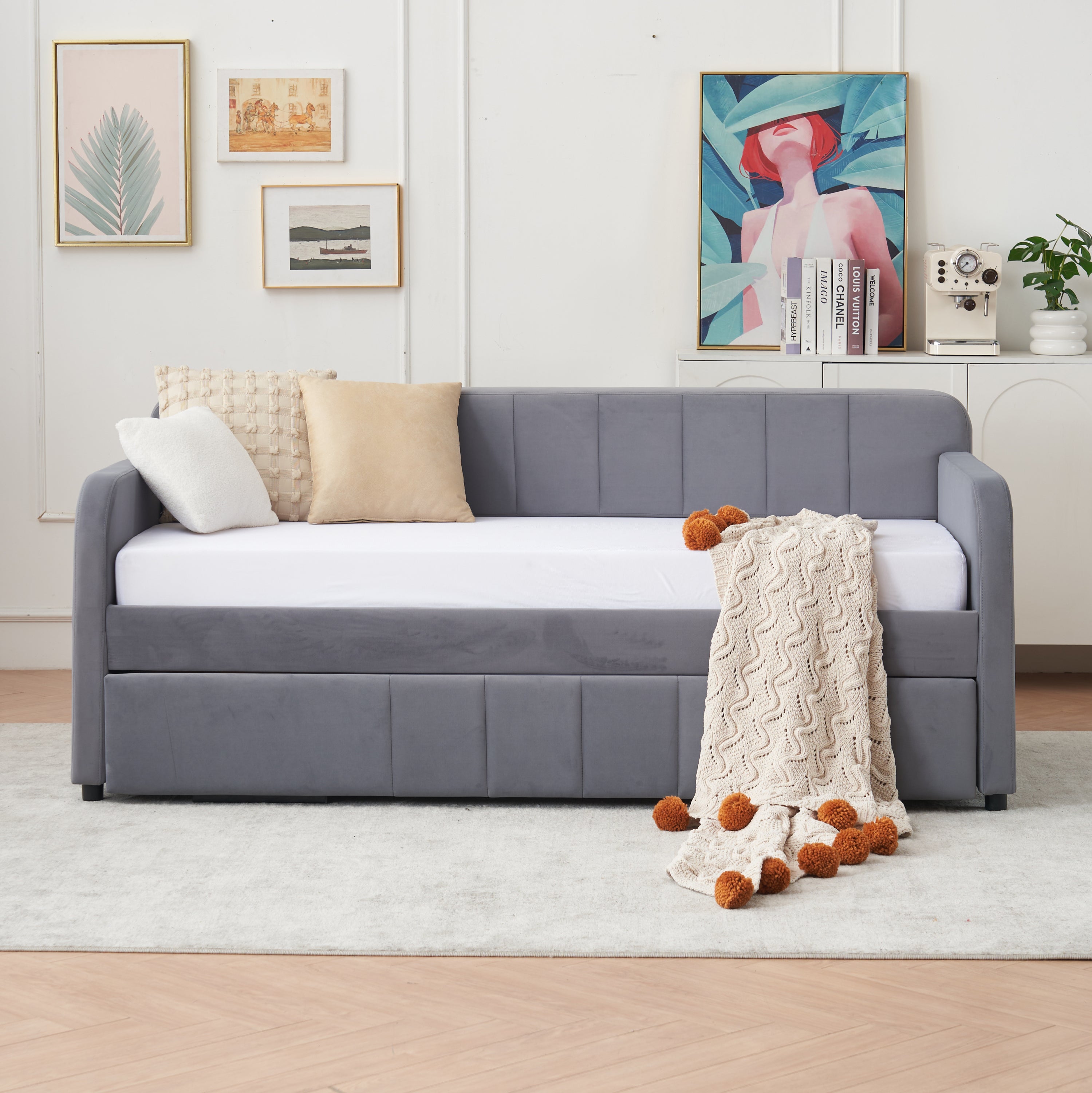 Twin Upholstered Daybed Frame with Trundle, Twin Size Sofa Bed for Bedroom Living Room Guest Room, Wood Slat Support,Grey Secondary image