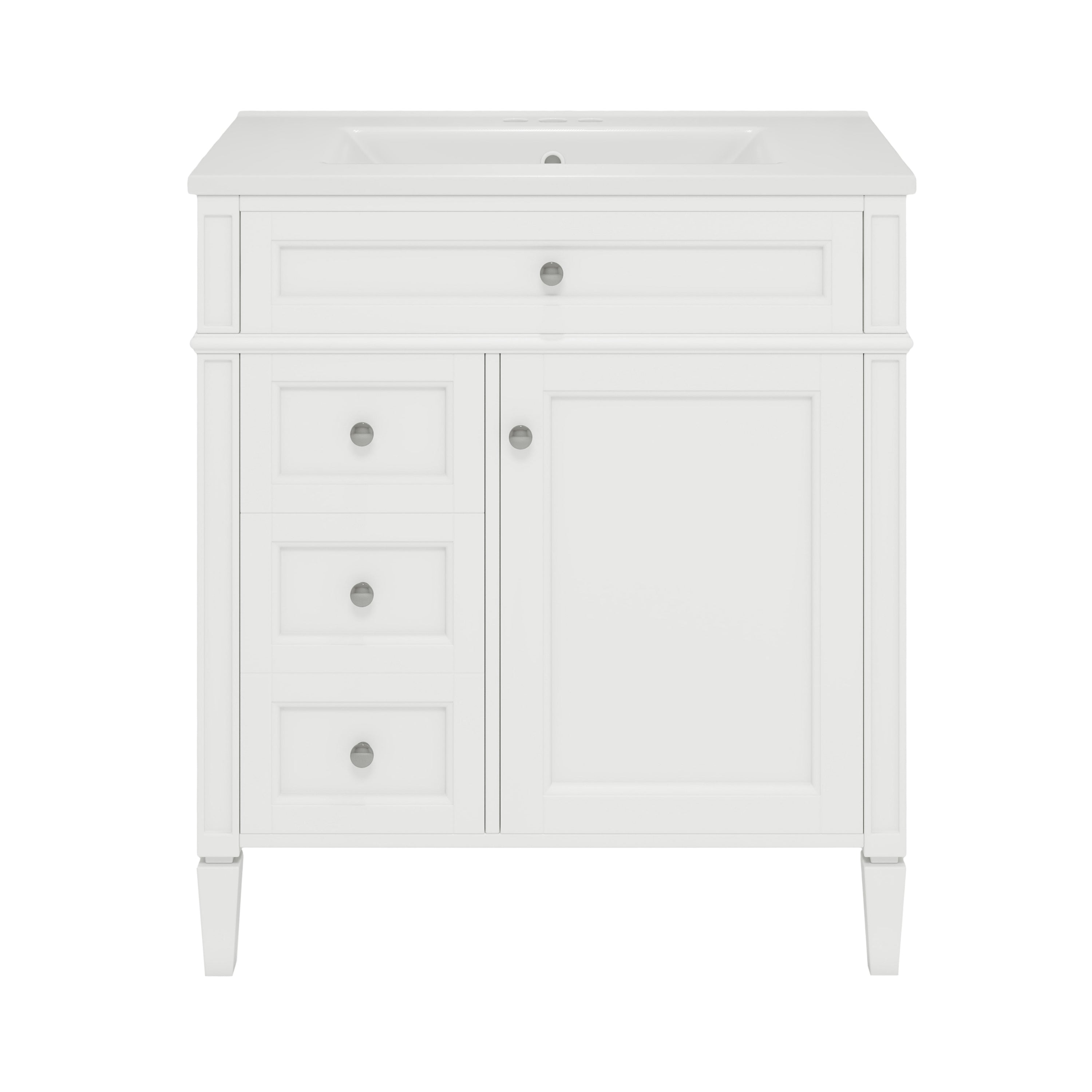 Modern White Bathroom Vanity with Ceramic Top Sink, 30'' Storage Cabinet with 2 Drawers and Tip-out Drawer, MDF+Solid Wood Construction Main image
