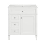 Modern White Bathroom Vanity with Ceramic Top Sink, 30'' Storage Cabinet with 2 Drawers and Tip-out Drawer, MDF+Solid Wood Construction