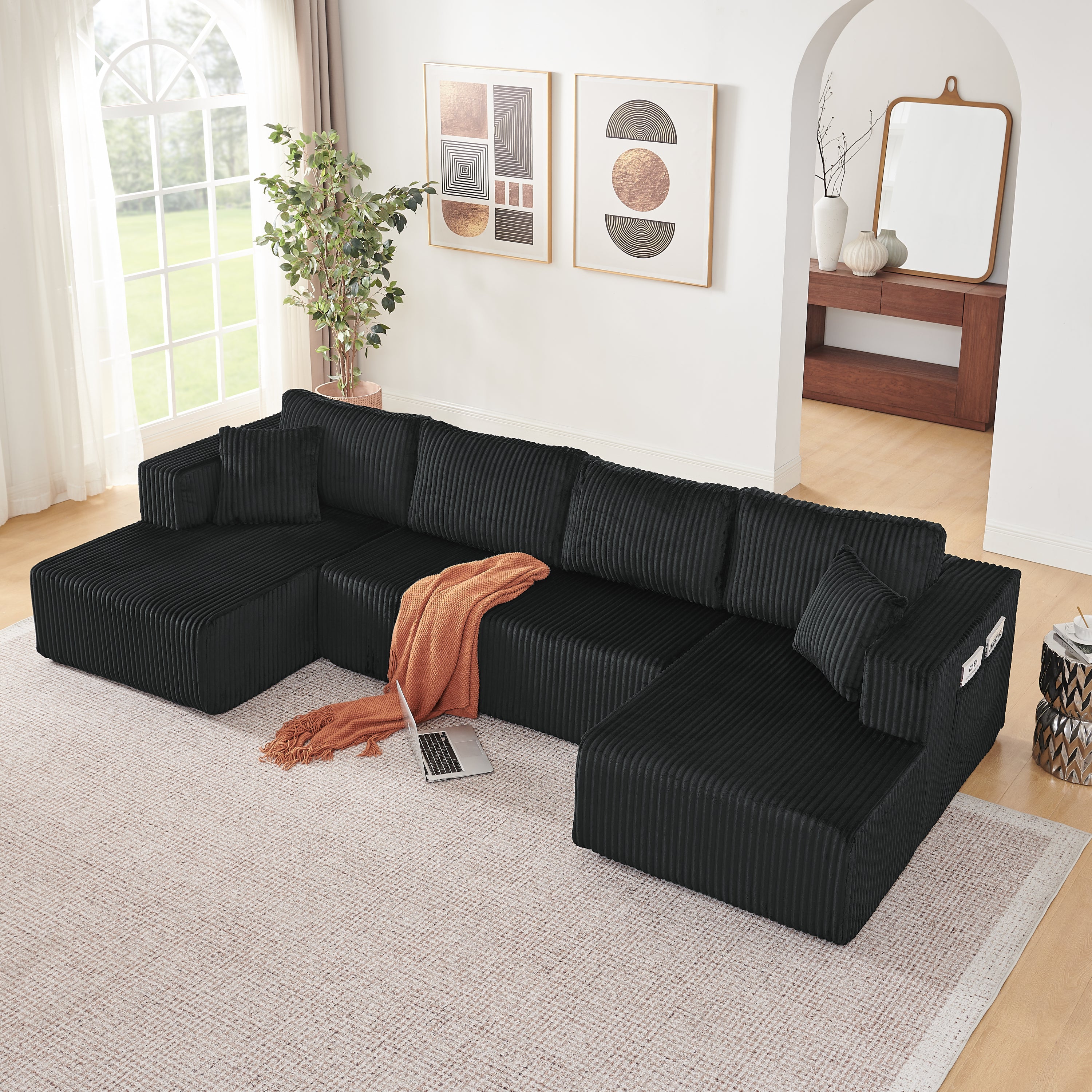 132' U Shaped Modular Sectional Sofa, Comfy Compressed Cloud Couch with Side Pockets, Modern Minimalist Corduroy Memory Foam Sleeper Sofa for Living Room, No Assembly Required,Black Secondary image