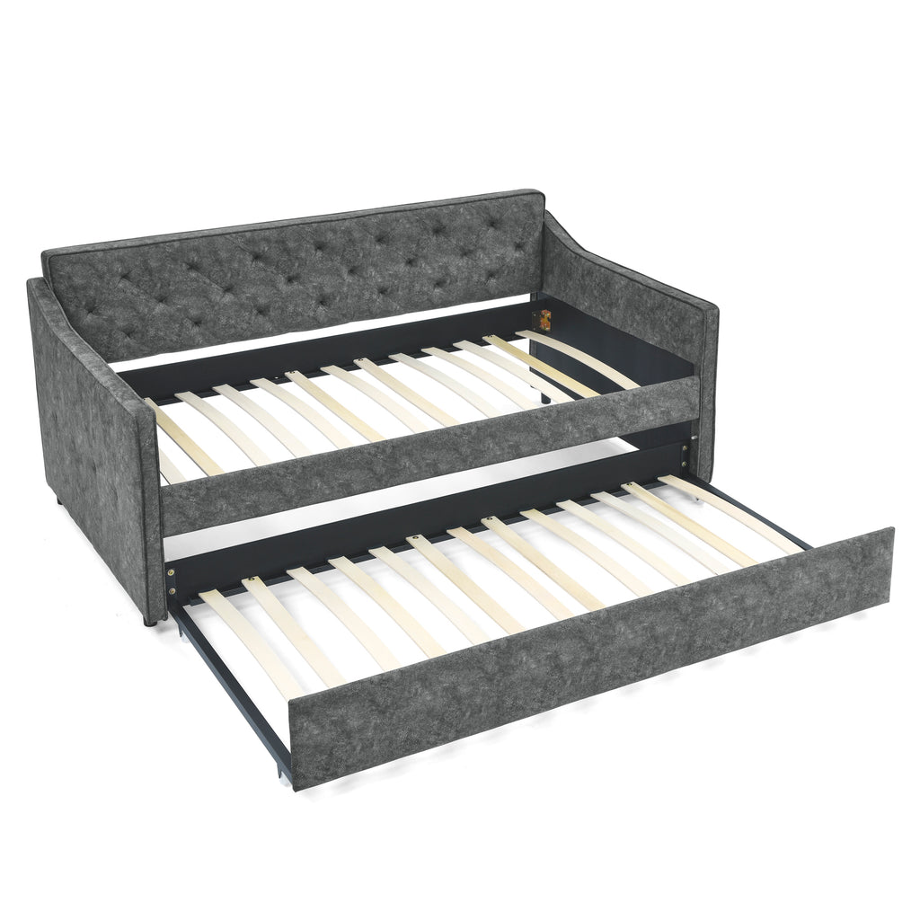 Mid-Century Grey Upholstered Twin Daybed with Trundle, Waved Arms, Eucalyptus Wood Frame, 80.5''x44.5''x33.5''