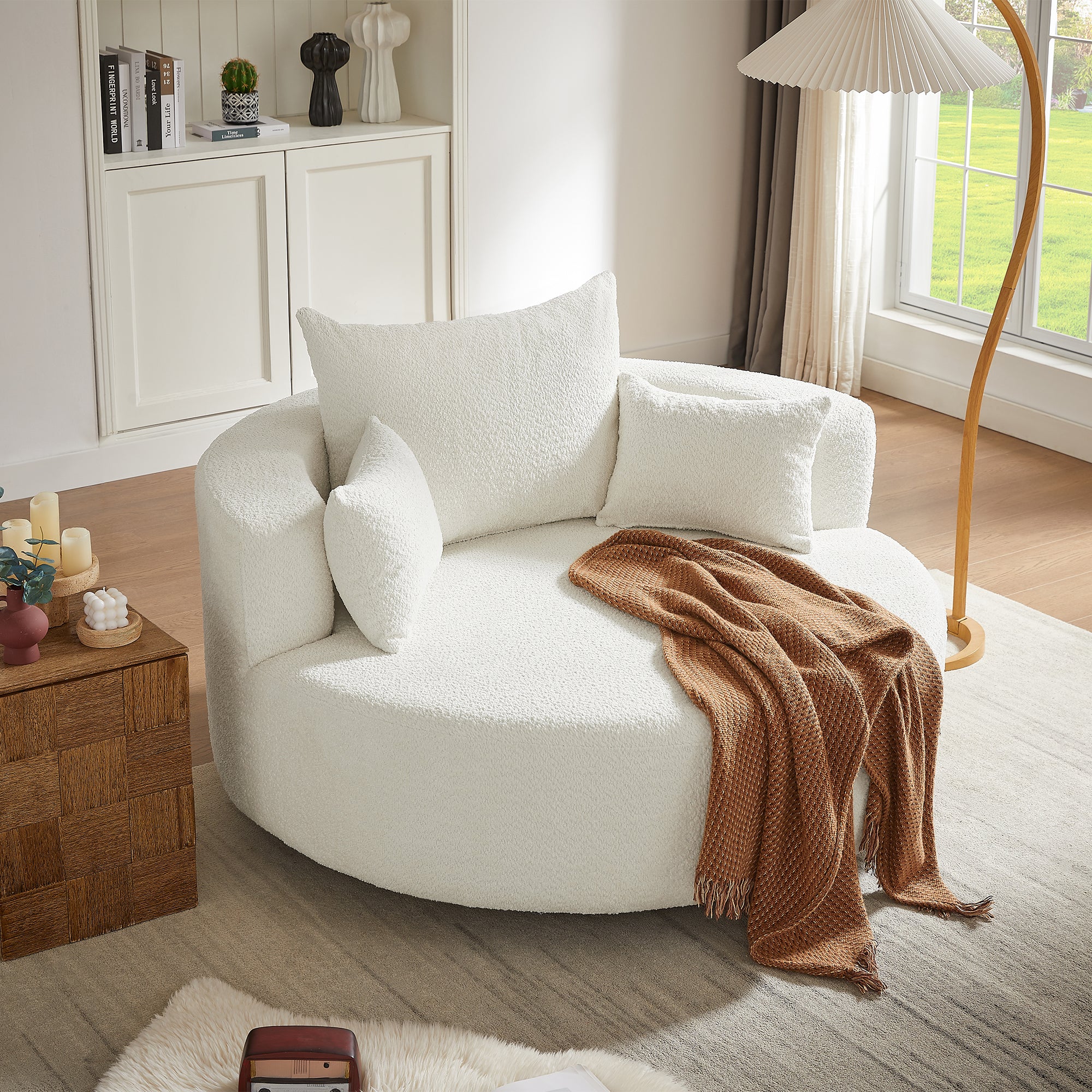 360° Swivel Chair Accent Barrel Chair with Removable Pillows, Beige Chenille Fabric, 56.3' Diameter Secondary image