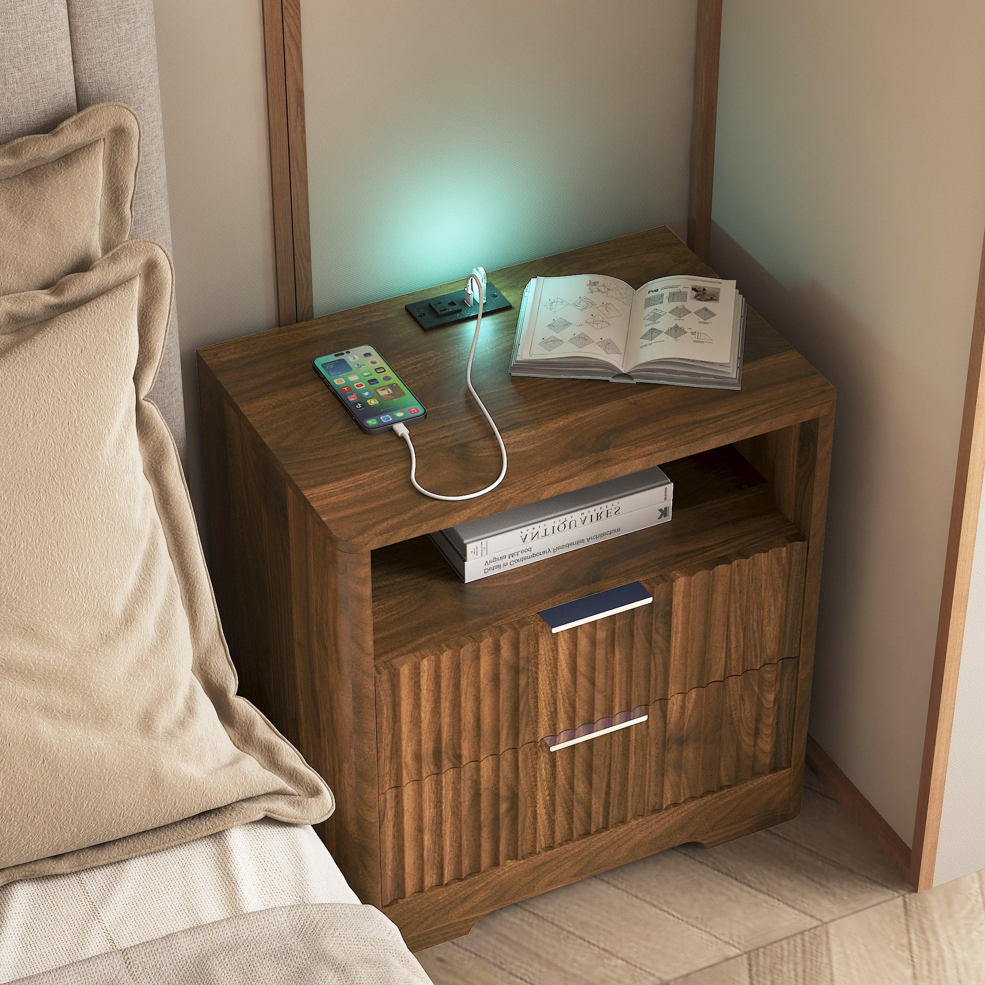 Nightstand with Charging Station, Smart Nightstand with Night Light,Bedside Tables with Storage Cabinet for Bedroom, Wood Secondary image