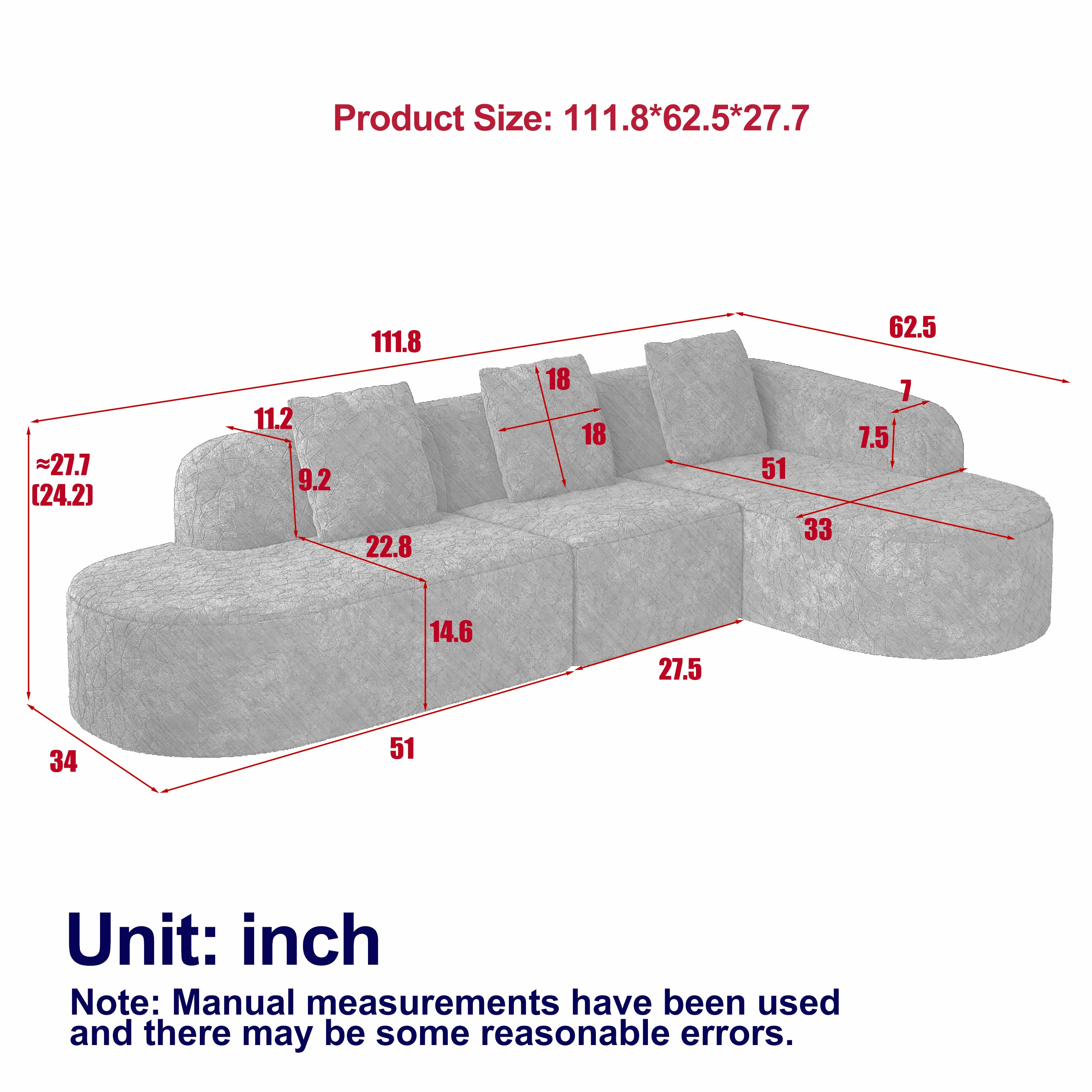 111.8-inch L-shaped curved modular sofa, modern design featuring lychee-textured long-pile polyester fabric, curved backrest with three pillows Secondary image