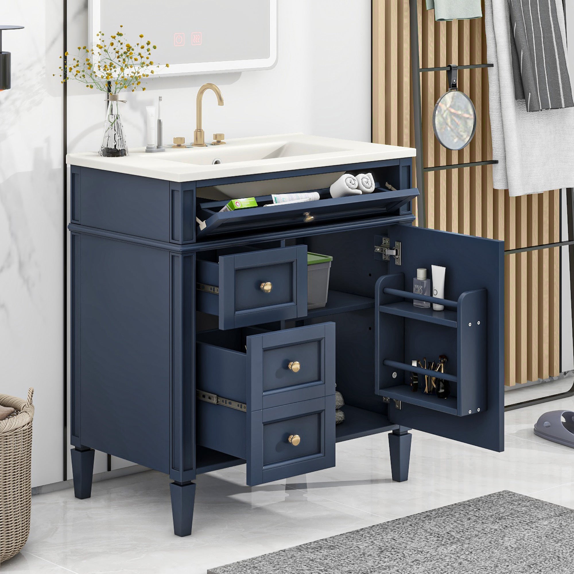 Modern Blue Bathroom Vanity with Ceramic Top Sink, 30'' Storage Cabinet with 2 Drawers and Tip-out Drawer, Rectangular Design Secondary image