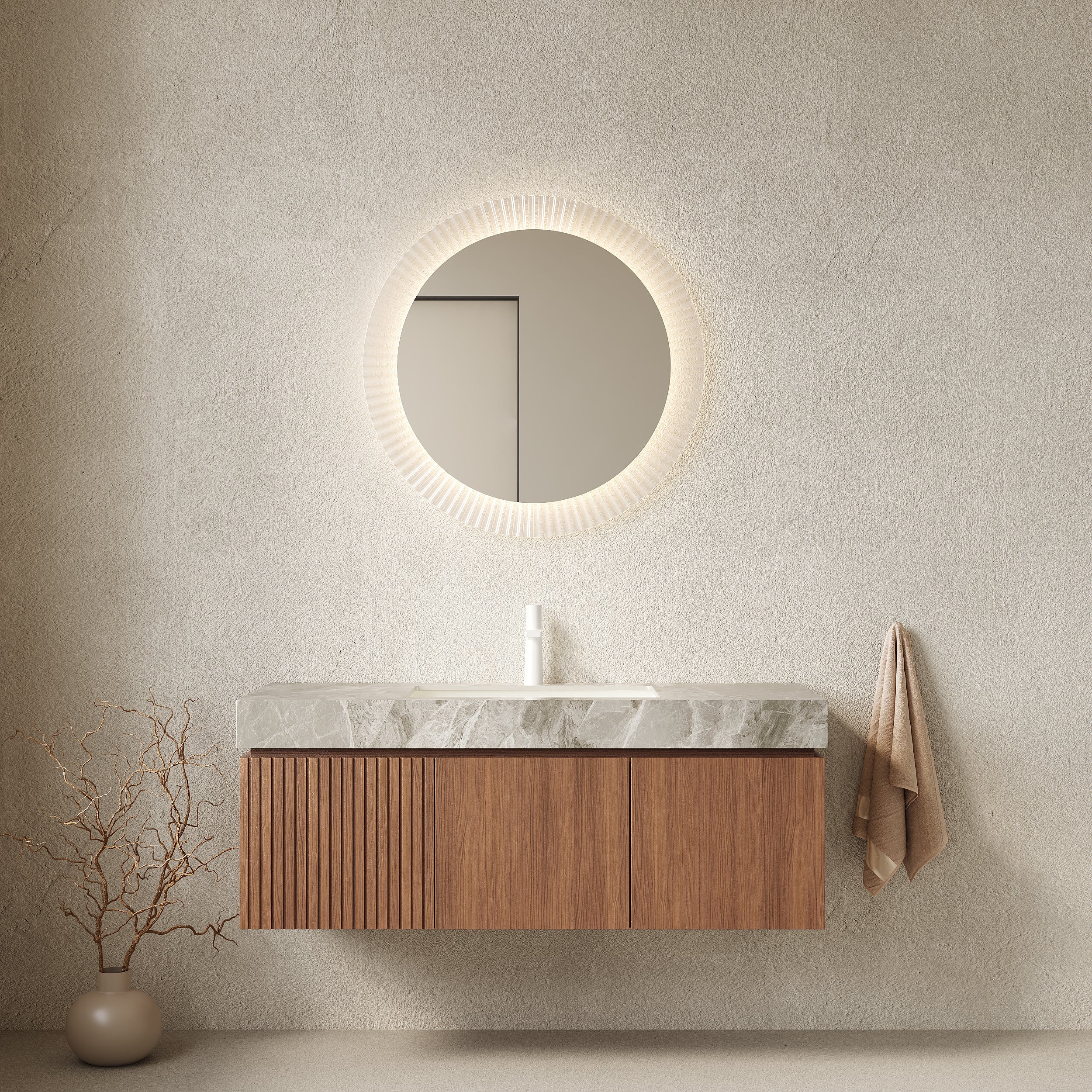 MURI 48' Bathroom Vanity&Sink, Floating Plywood Storage Cabinet with Drawer&Doors, Light Gray Sintered Stone Top&Ceramic Basin with 1 Pre-drilled Faucet Hole, Pre-assembled, Brown Oak Woodgrain Color Main image