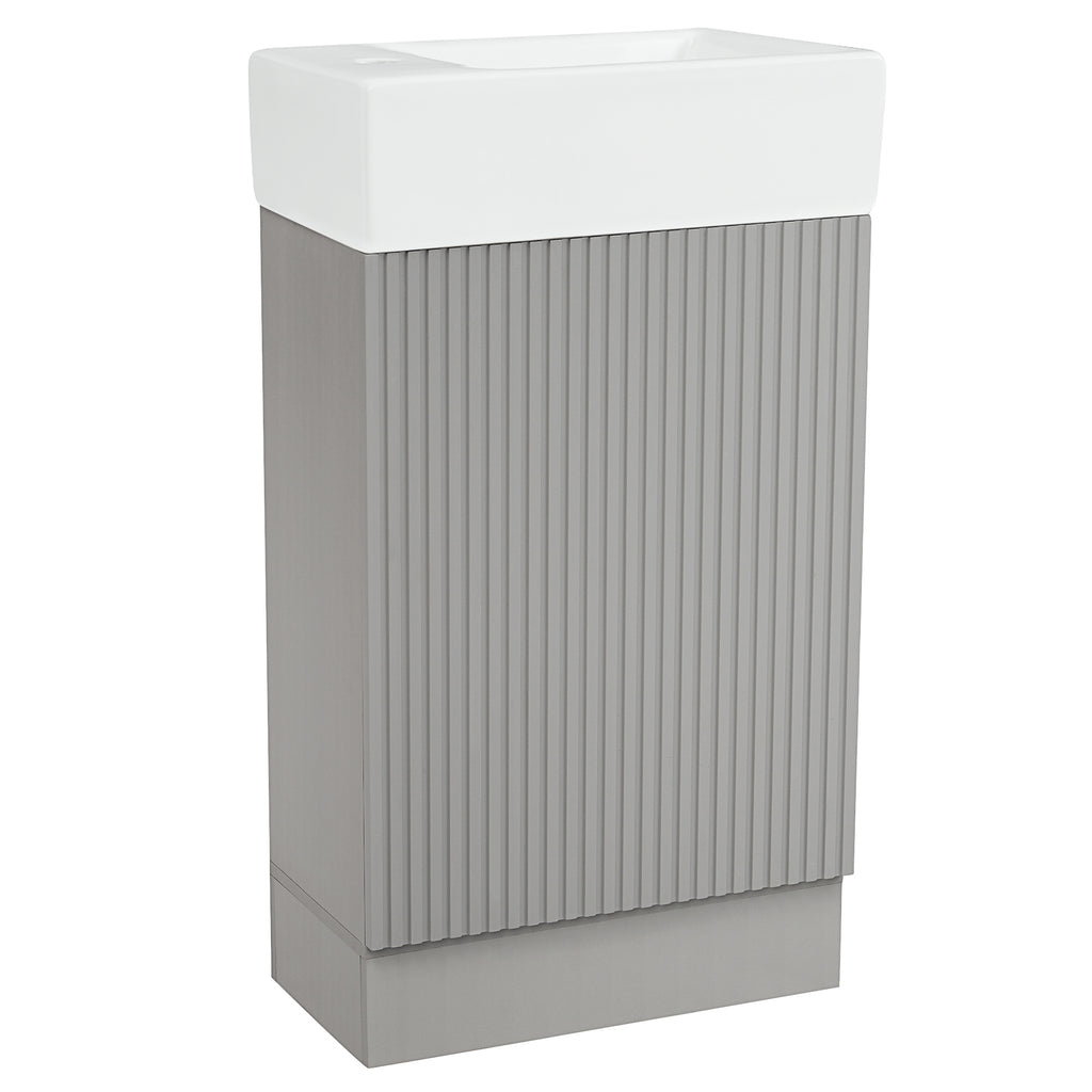 Modern Grey Bathroom Vanity with Sink and Two-tier Shelf, Freestanding MDF Cabinet with Ceramic Top, Left or Right Orientation, 18.6'
