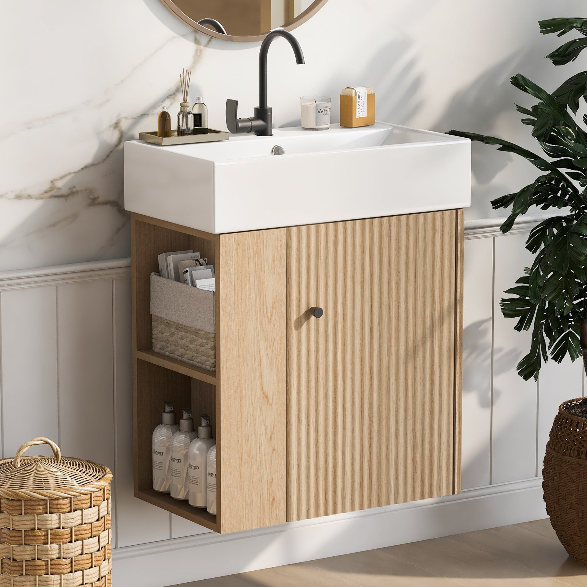 Modern 21.6 inch Floating Bathroom Vanity with Ceramic Basin and Left Side Storage in Wood Finish Secondary image