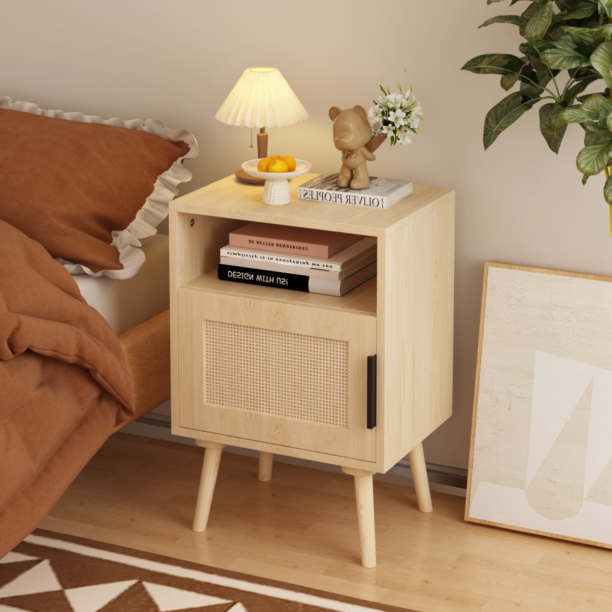 Oak Finish Rattan Nightstand with Solid Wood Legs, 22.83'' H Side Table with Door and Open Shelf for Bedroom, Dorm, and Small Spaces Secondary image