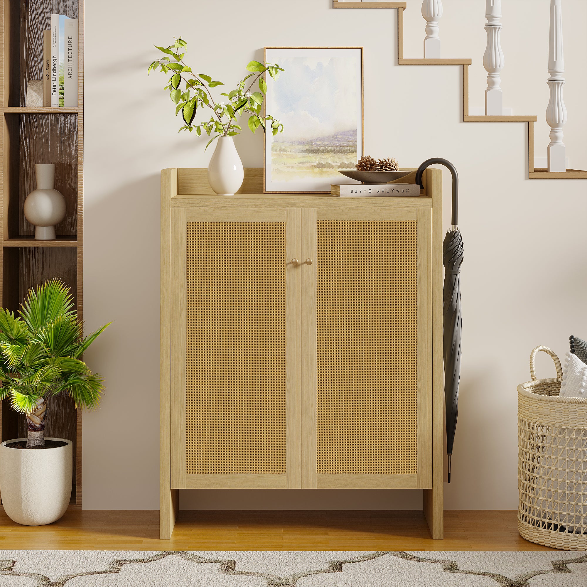 42.5' Tall Rattan Shoe Cabinet with Doors, 6-Tier Shoe Storage Cabinet with Adjustable Shelves, Wooden Freestanding Shoe Organizer Shoe Cabinet for Entryway,Hallway,Living Room (Natural) Secondary image