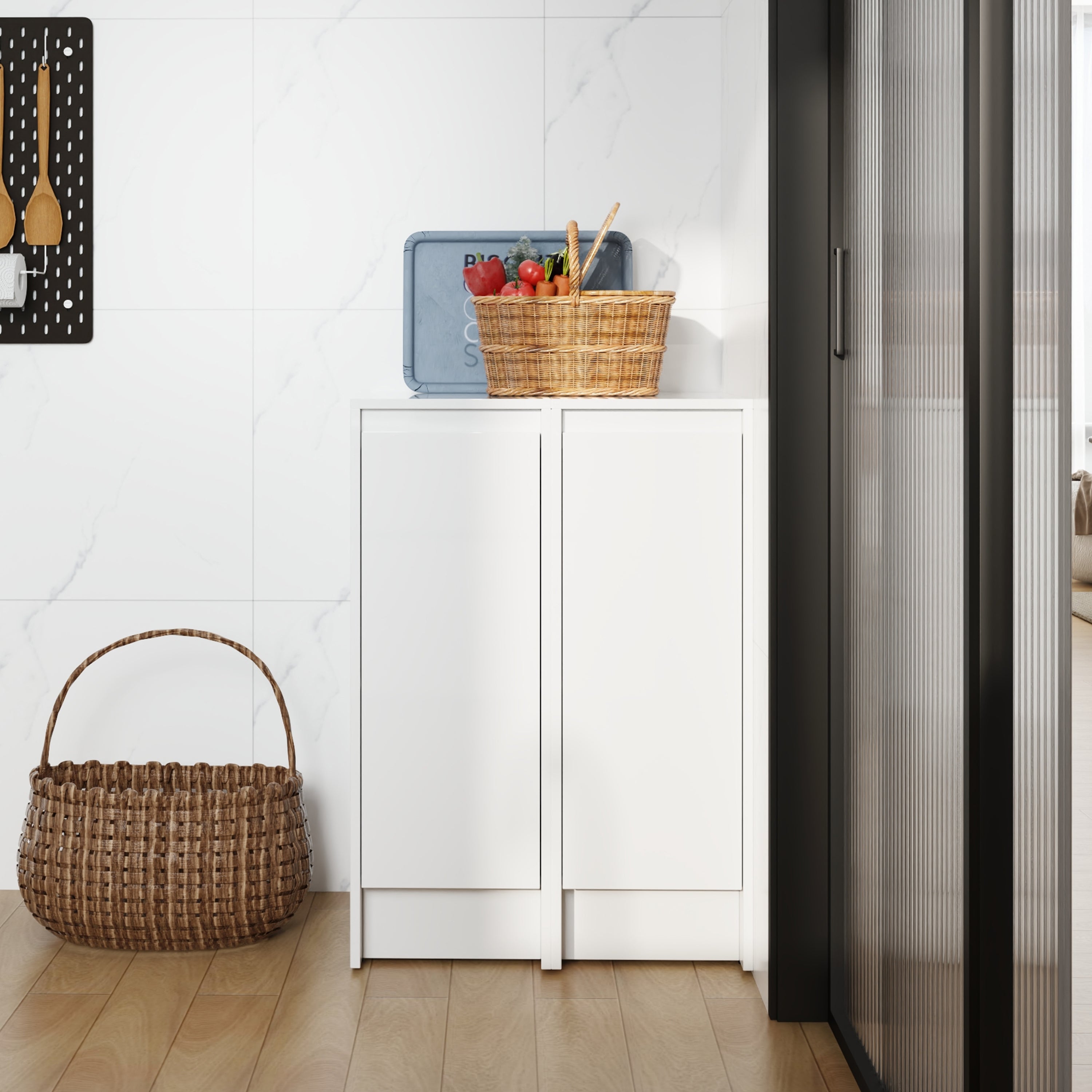 24' Freestanding Bathroom Storage Cabinet, Soft Close Doors, Glossy White, Plywood, KD-Packing, 12' x2 Combination (Suitable For Bathroom, Kitchen, Study Room, Bedroom, Etc)