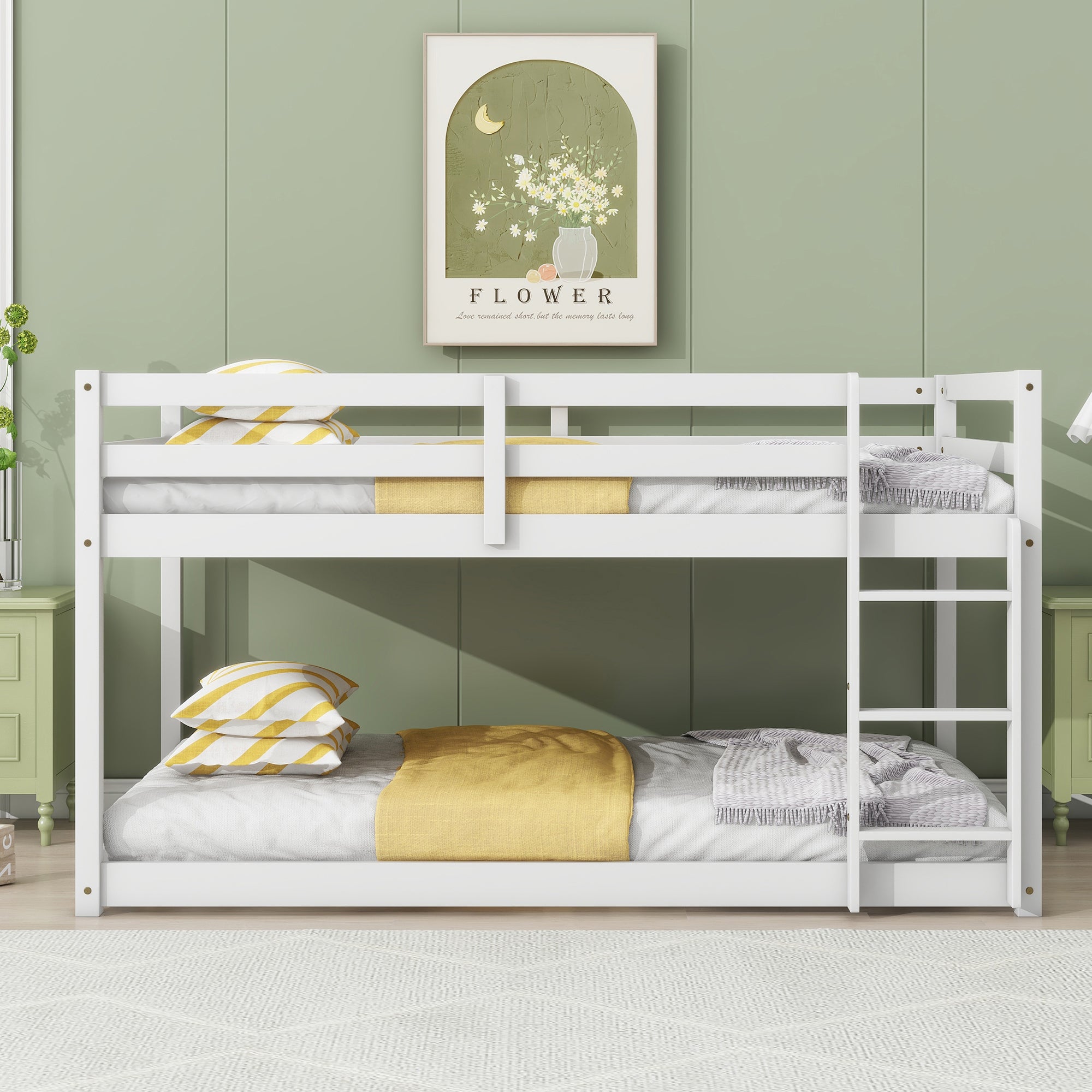 Solid Wooden , Solid Rubber Wooden Twin over Twin Floor Bunk Bed with Ladder ,Upper and Bottom Bed Platforms crafted with Strengthened Slats, White Main image