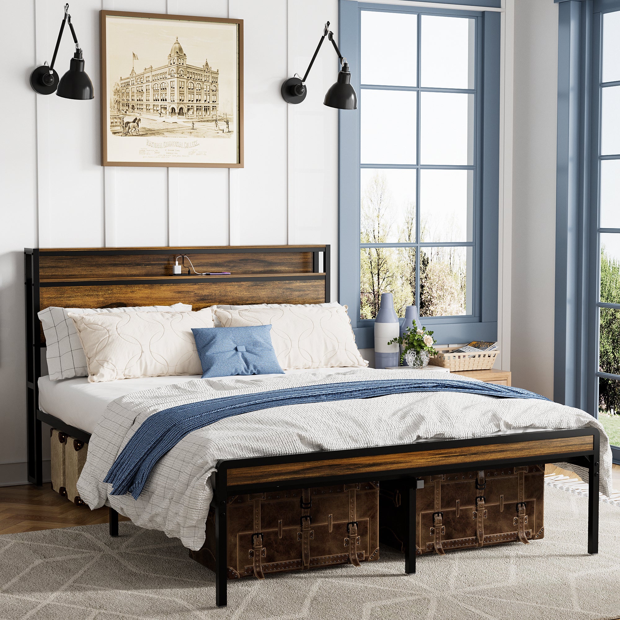 Queen Size Bed Frame, Storage Headboard with LED light, Charging Station, Solid and Stable, Noise Free, No Box Spring Needed, Easy Assembly, Vintage Brown Main image