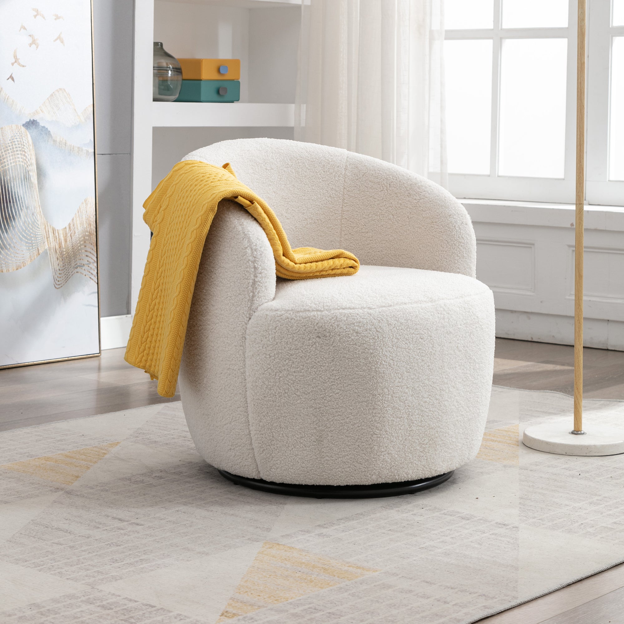 Teddy Fabric Swivel Accent Armchair Barrel Chair With Black Powder Coating Metal Ring,Ivory White Main image
