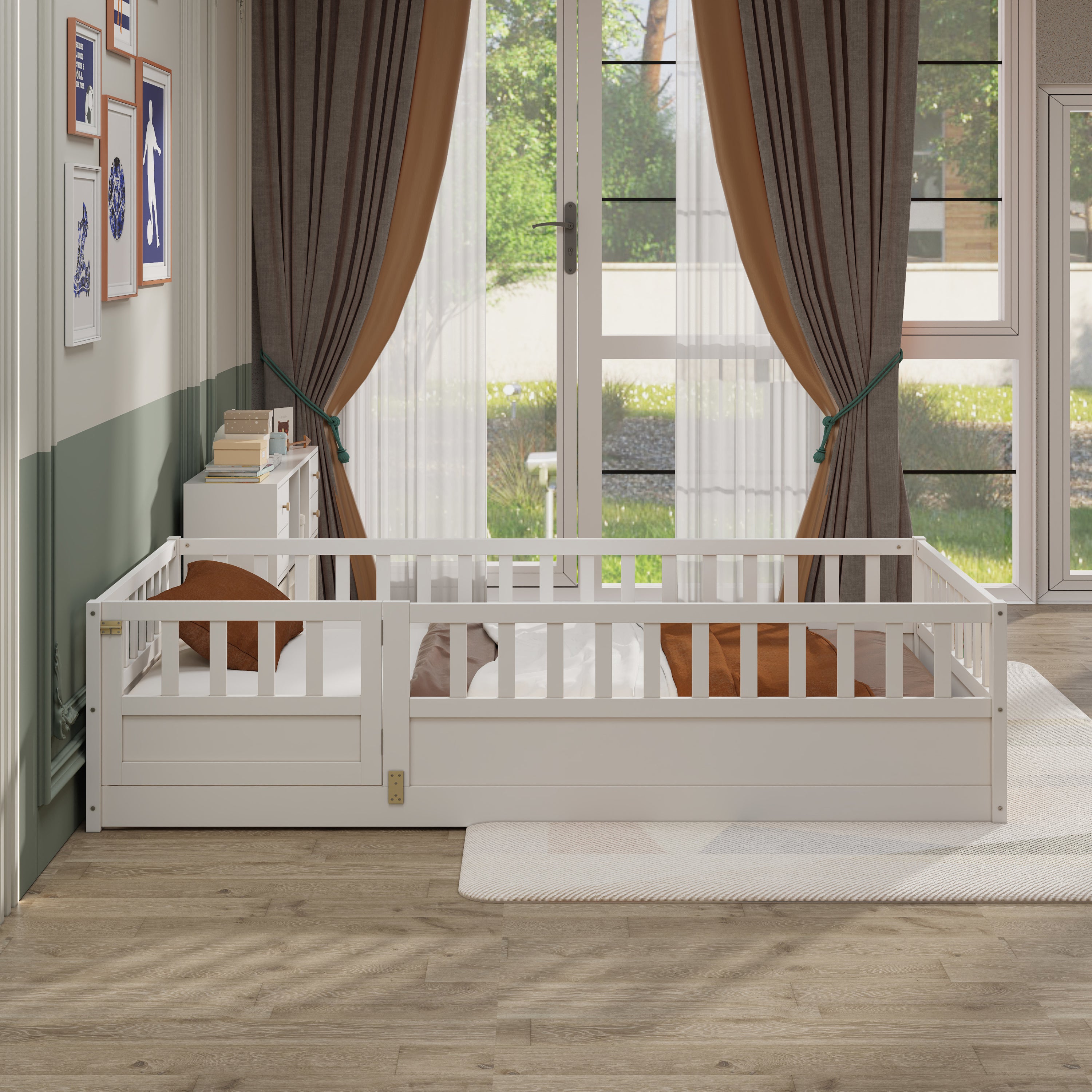 Twin Size Floor bed, integral construction with super high security barrier, door, children's floor bed frame, Montessori wooden children's floor bed, white(Patented model) Main image