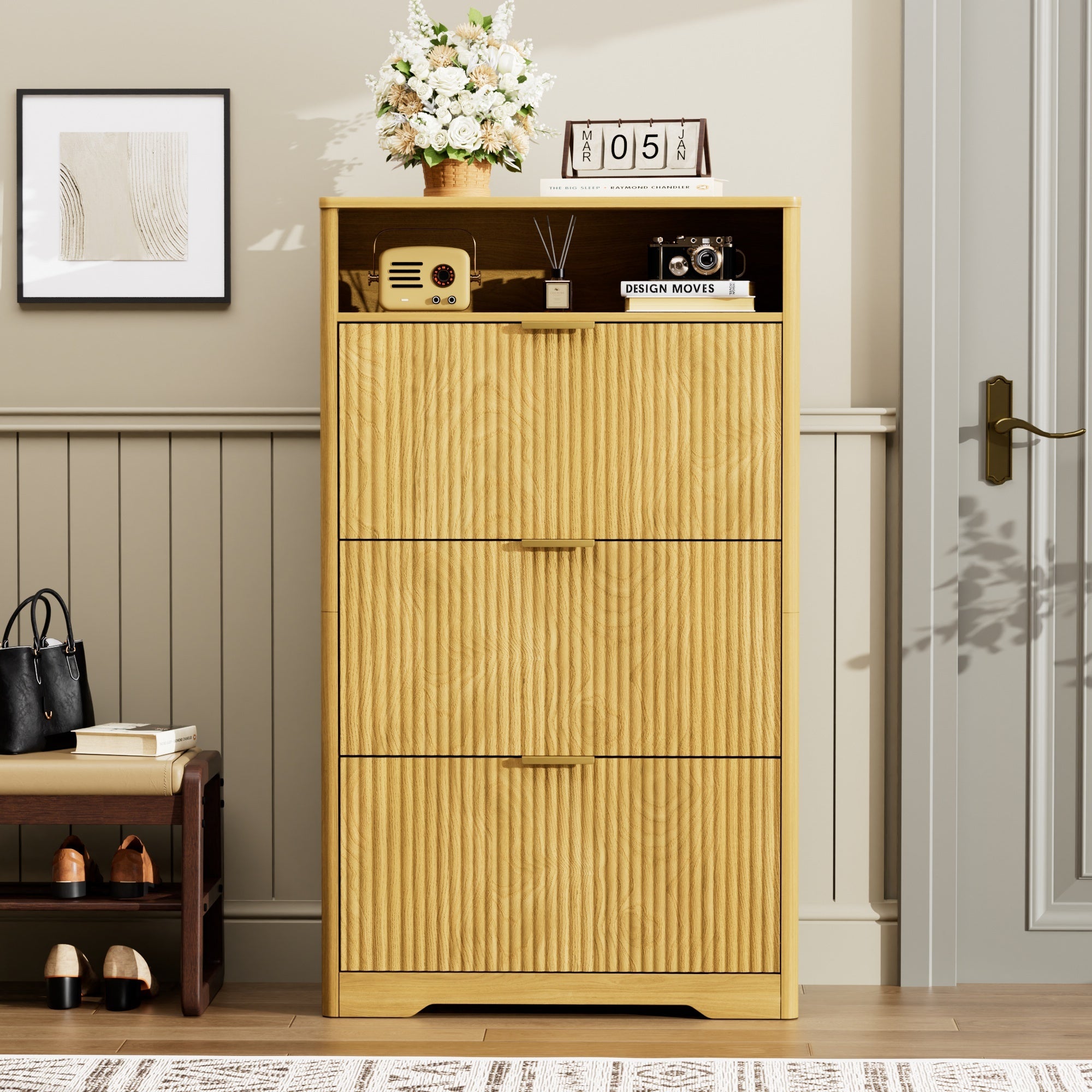 Shoe Cabinet Storage for Entryway Hidden Shoes Storage Cabinet with 3 Flip Drawers, Tall Free Standing Shoe Organizer Rack for Foyer, Hallway. Natural,31.6'' L x 9.6'' W x 54.4'' H. Secondary image