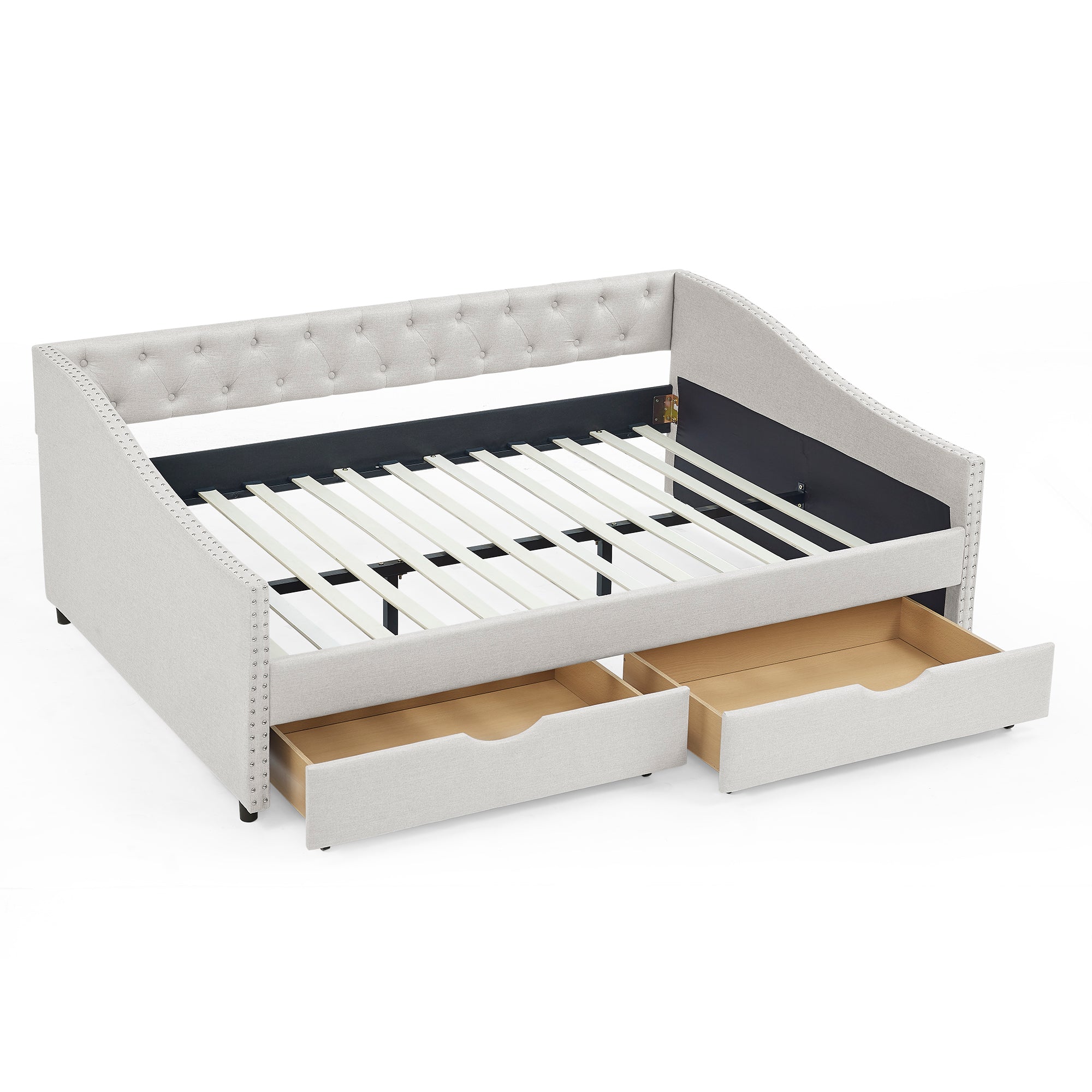 Beige Upholstered Tufted Full Size Daybed with Drawers, Button Back and Copper Nail Trimmed Waved Arms, Eucalyptus Wood Frame, 80.5''x55.5''x27.5'' Main image