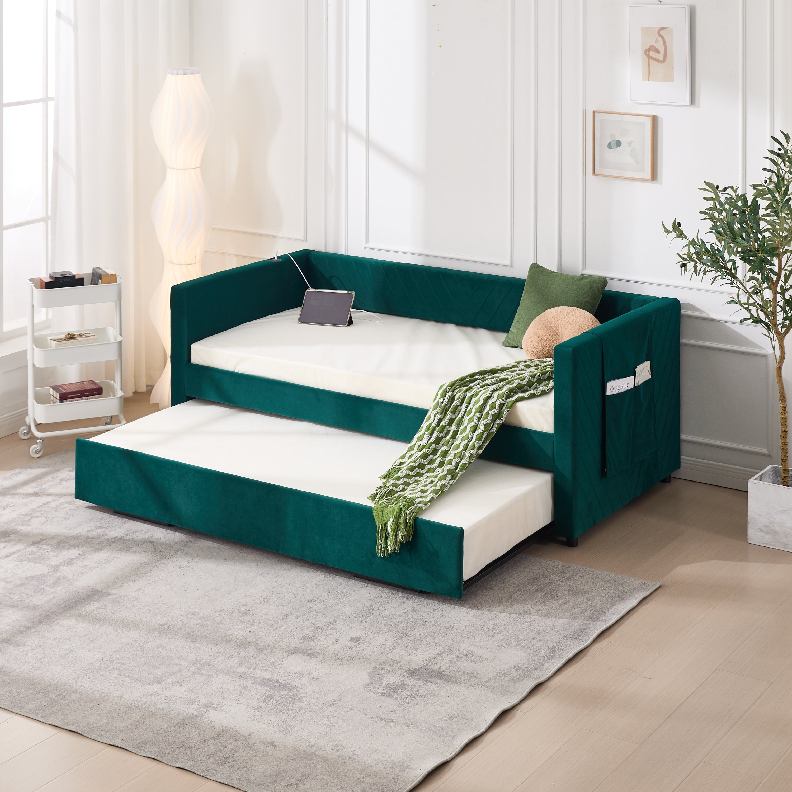 Twin Size Upholstered Daybed with Trundle,USB Port ,Side Pockets, Modern V-grained backrest Design,No Box Spring Needed, for Bedroom, Guest Room ( Emerald, Twin) Main image