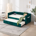 Twin Size Upholstered Daybed with Trundle,USB Port ,Side Pockets, Modern V-grained backrest Design,No Box Spring Needed, for Bedroom, Guest Room ( Emerald, Twin)