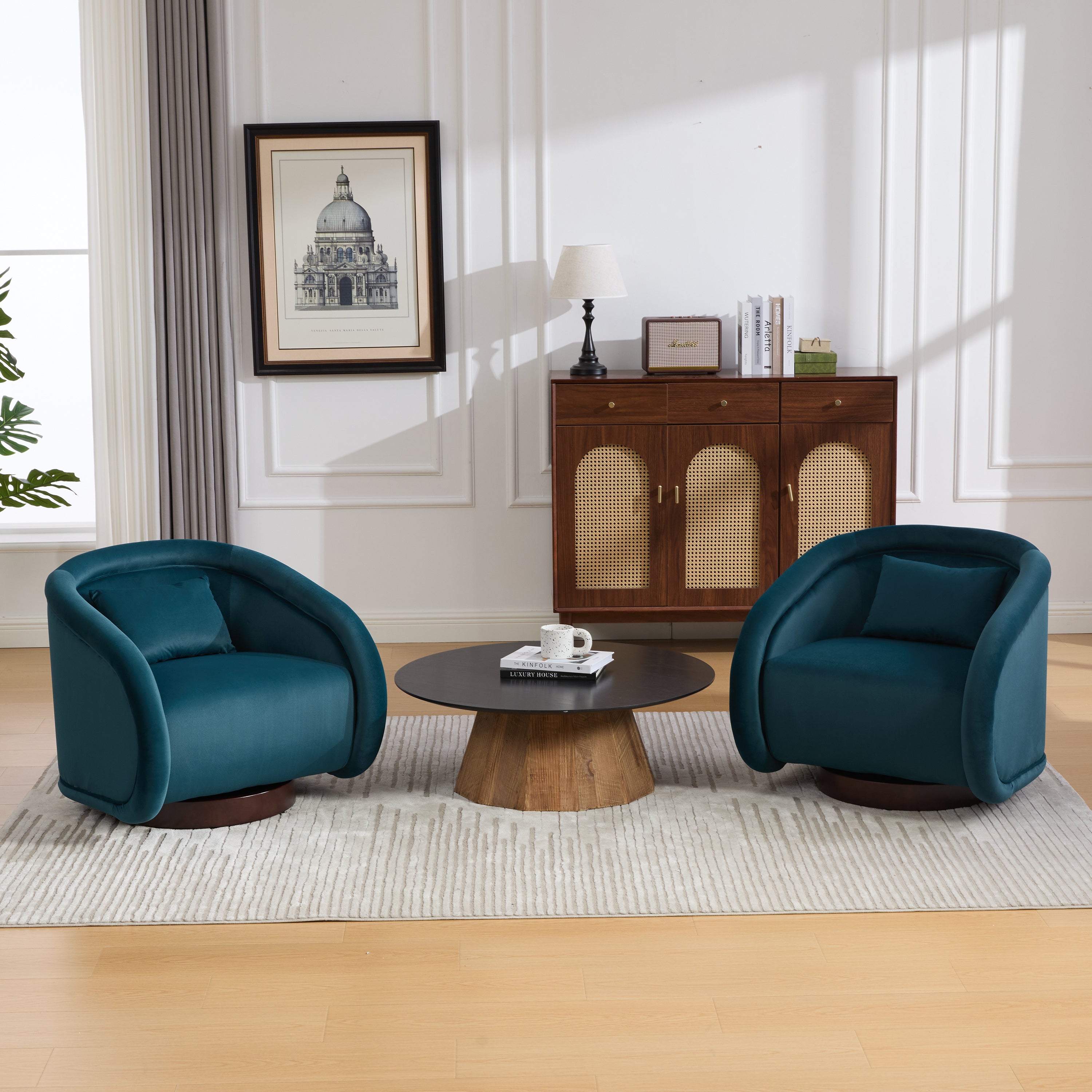 Swivel Accent Chair, 360-degree Swivel Barrel Chair with Velvet Fabric Upholstery, Comfy Pumpkin-Shaped Swivel Chair for Living Room, Bedroom, or Office Main image
