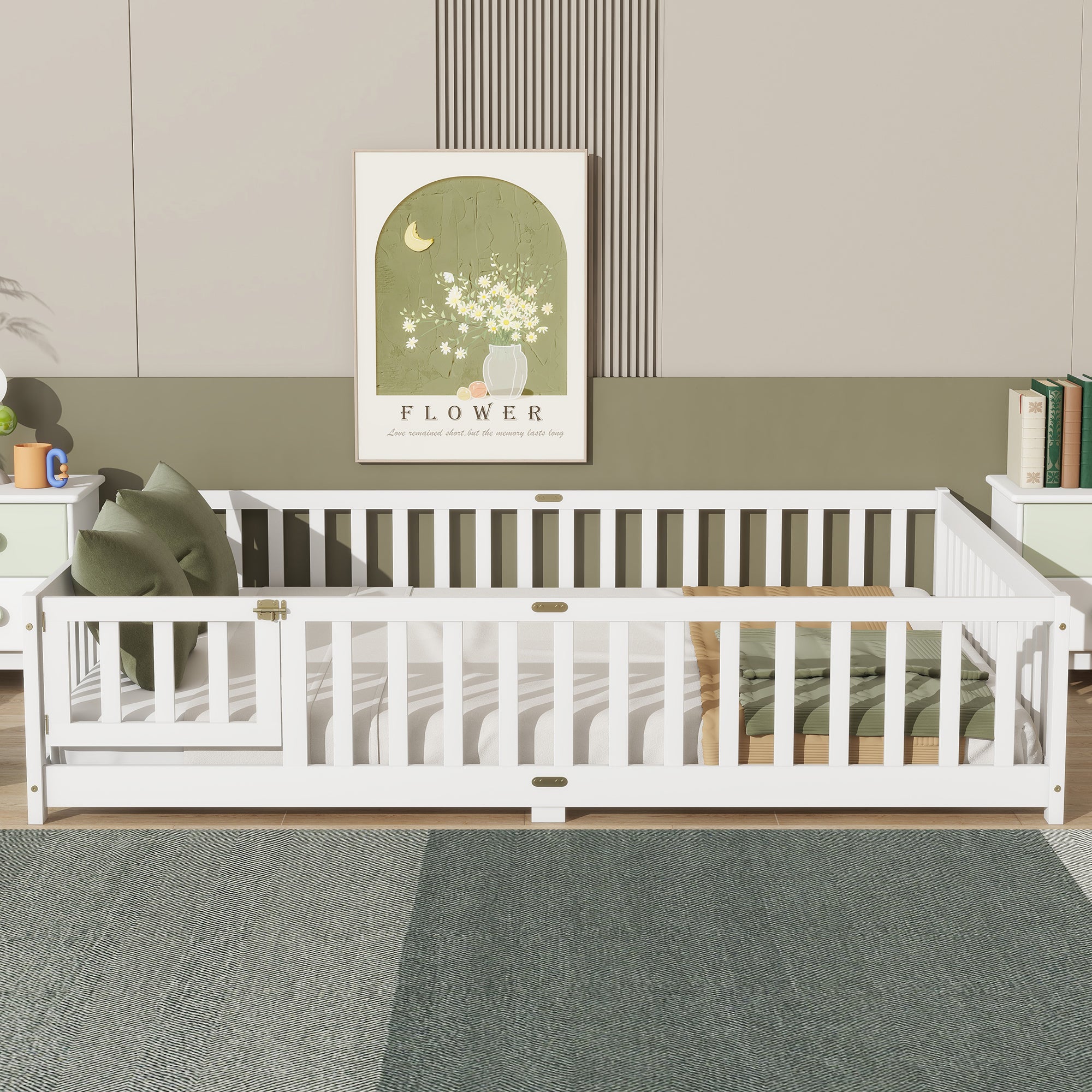 Queen Size Floor Bed with Fence,Door,Rubber Wood Floor Bed with Safety Guardrails,White Secondary image