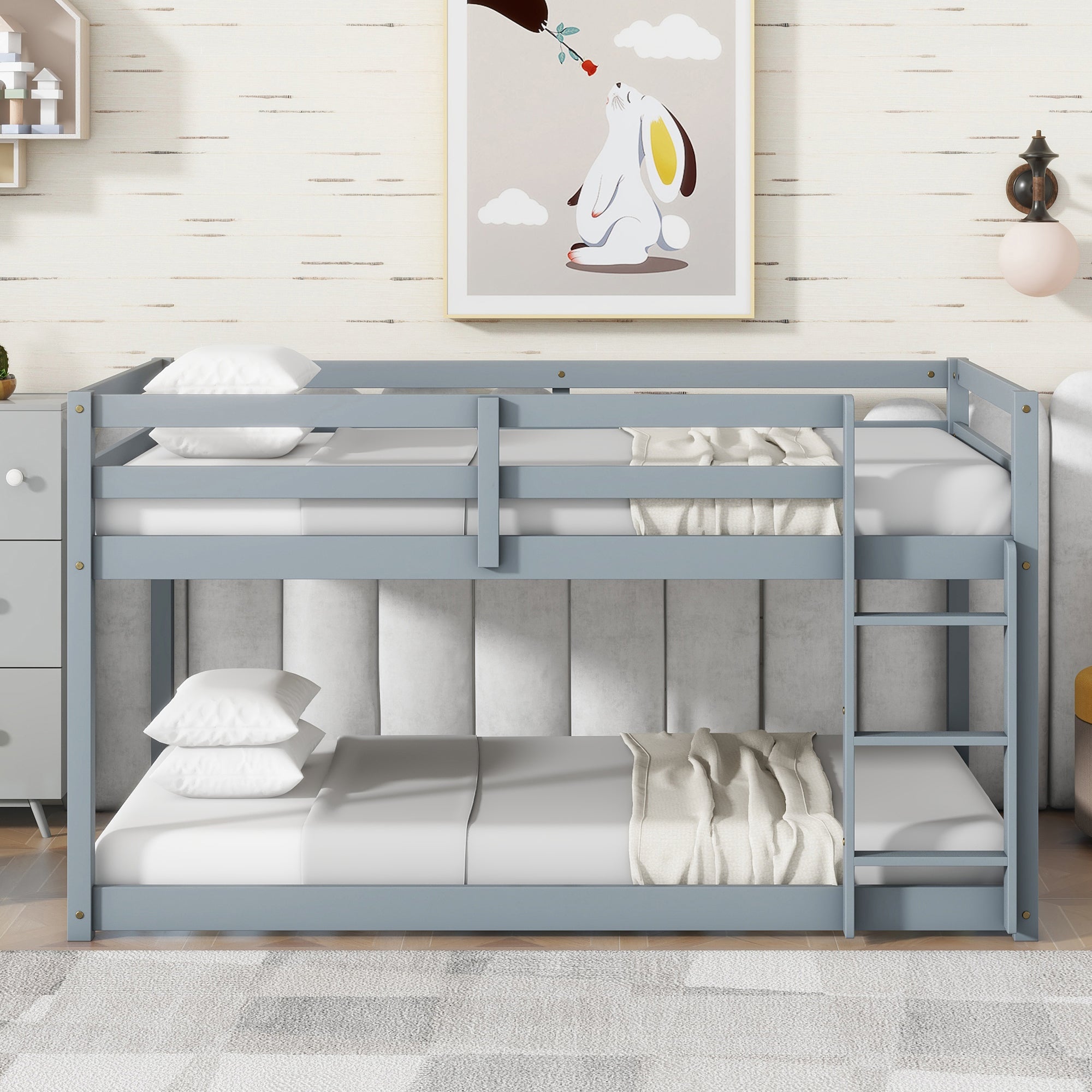 Solid Wooden , Solid Rubber Wooden Twin over Twin Floor Bunk Bed with Ladder ,Upper and Bottom Bed Platforms crafted with Strengthened Slats ,Grey Main image