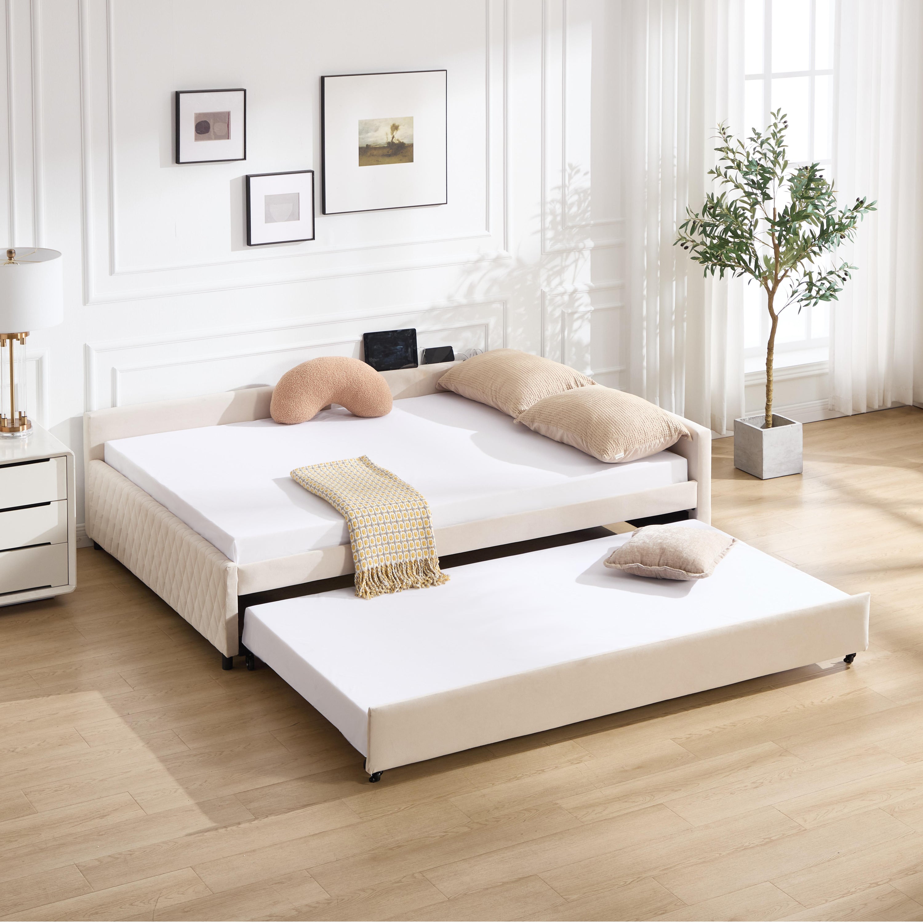 Upholstered Daybed with Trundle,sturdy wooden bed frame, modern diamond grid design,for Bedroom, Guest Room (Beige)