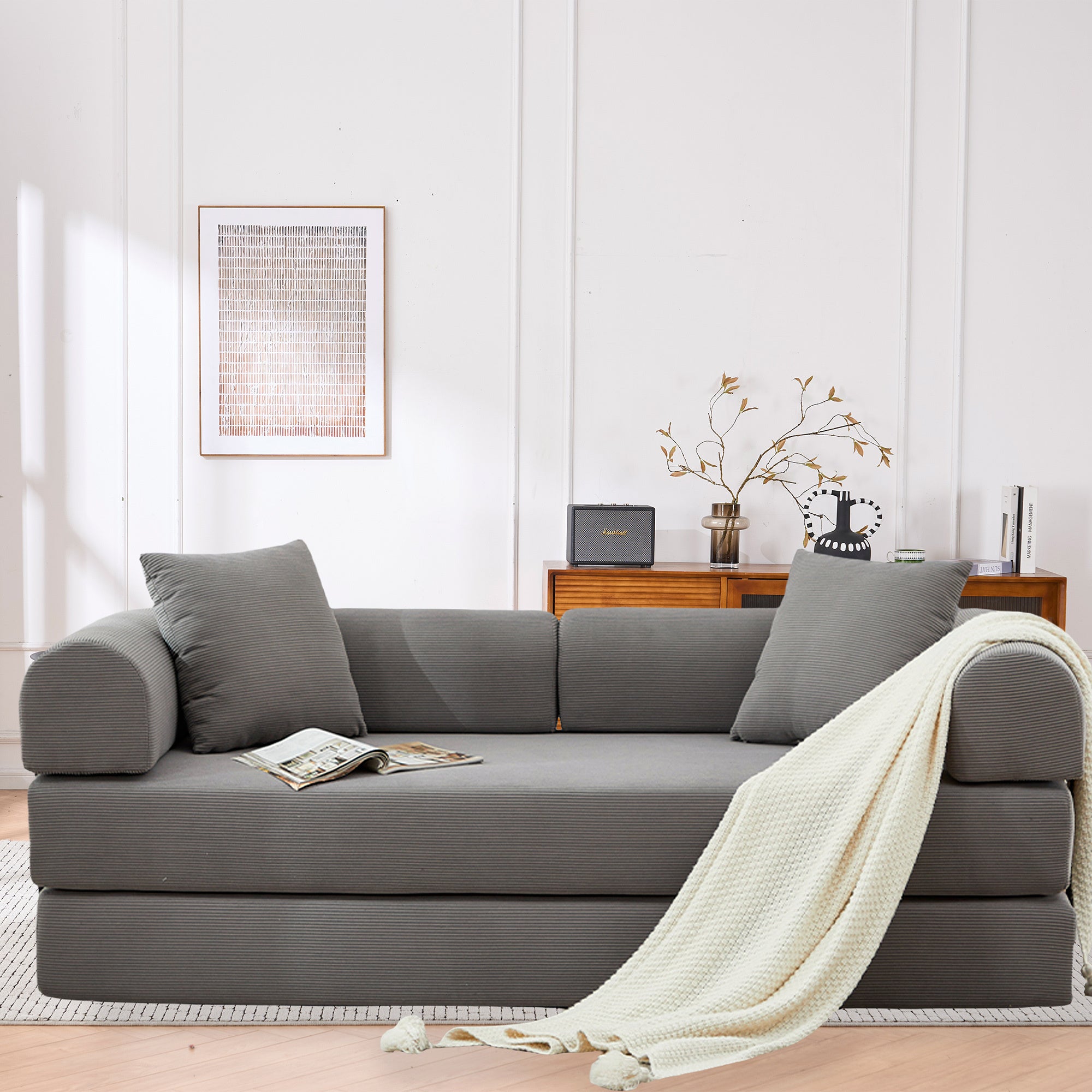 Folding Sofa Bed, 63' Convertible Couch Bed with 2 Pillows, Fold Out Couch, Foam Spring Floor Mattress, Futon Couch for Living Room, Office, Apartment Secondary image
