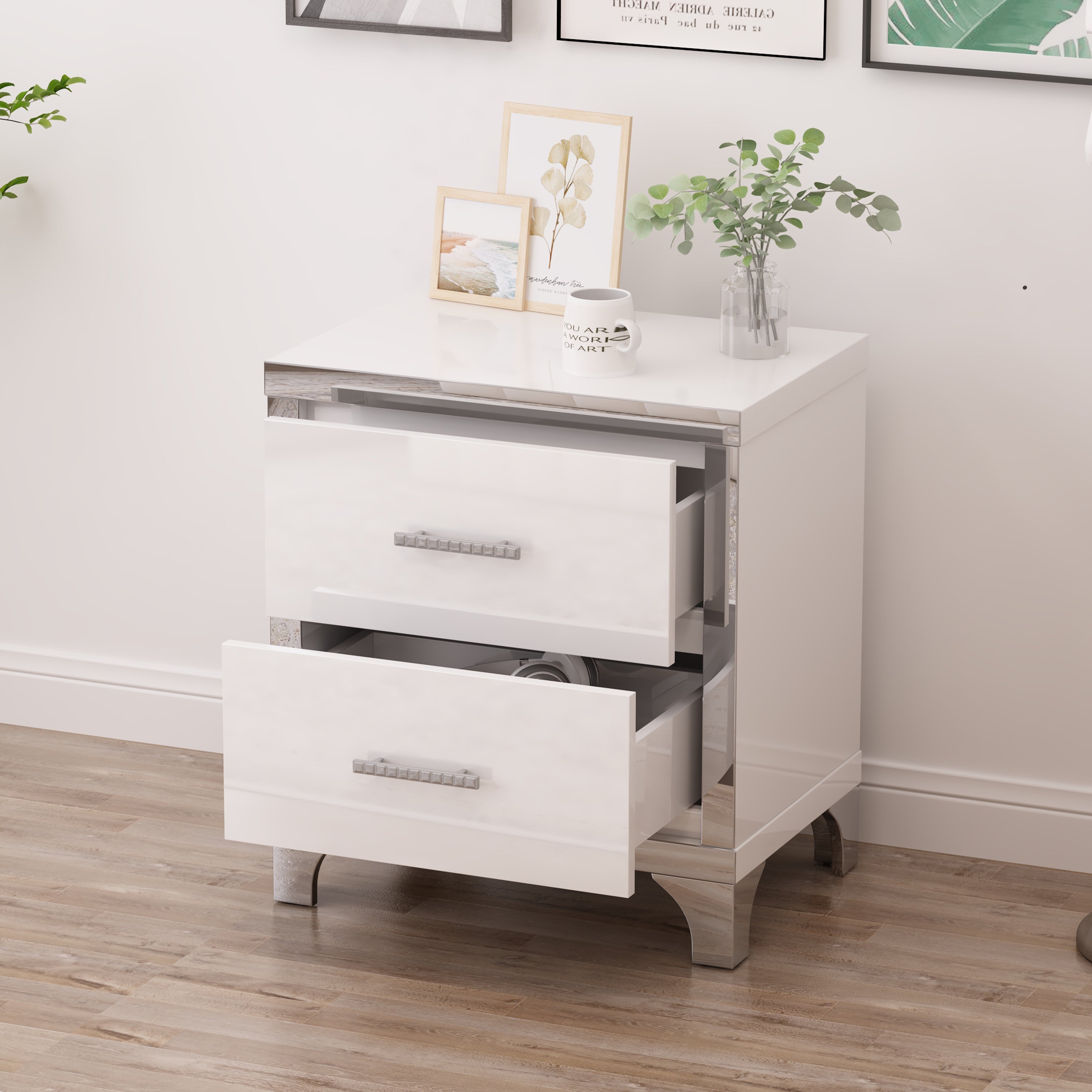 Elegant High Gloss Nightstand with Metal Handle,Mirrored Bedside Table with 2 Drawers for Bedroom,Living Room,White Secondary image