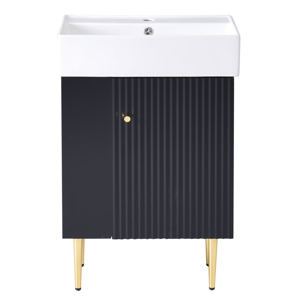 21.6' Black Modern Bathroom Vanity with Ceramic Sink, Left Side Storage, MDF Cabinet, Gold Metal Legs, Rectangular Design