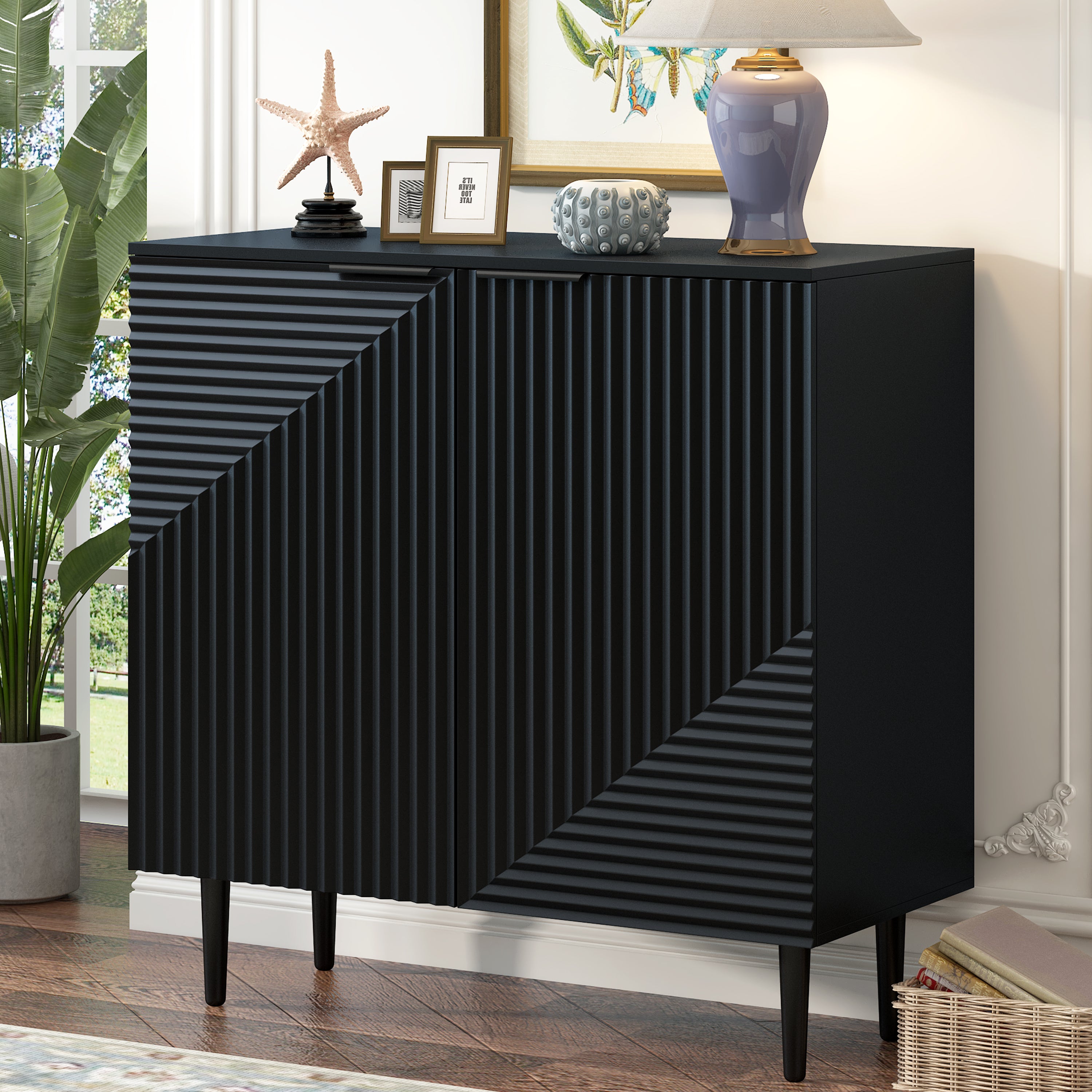 Mirod Modern Minimalist Side Cabinet with Adjustable Shelves ,Stylish Geometric Door Design,Ample Storage Space for Any Home Decor