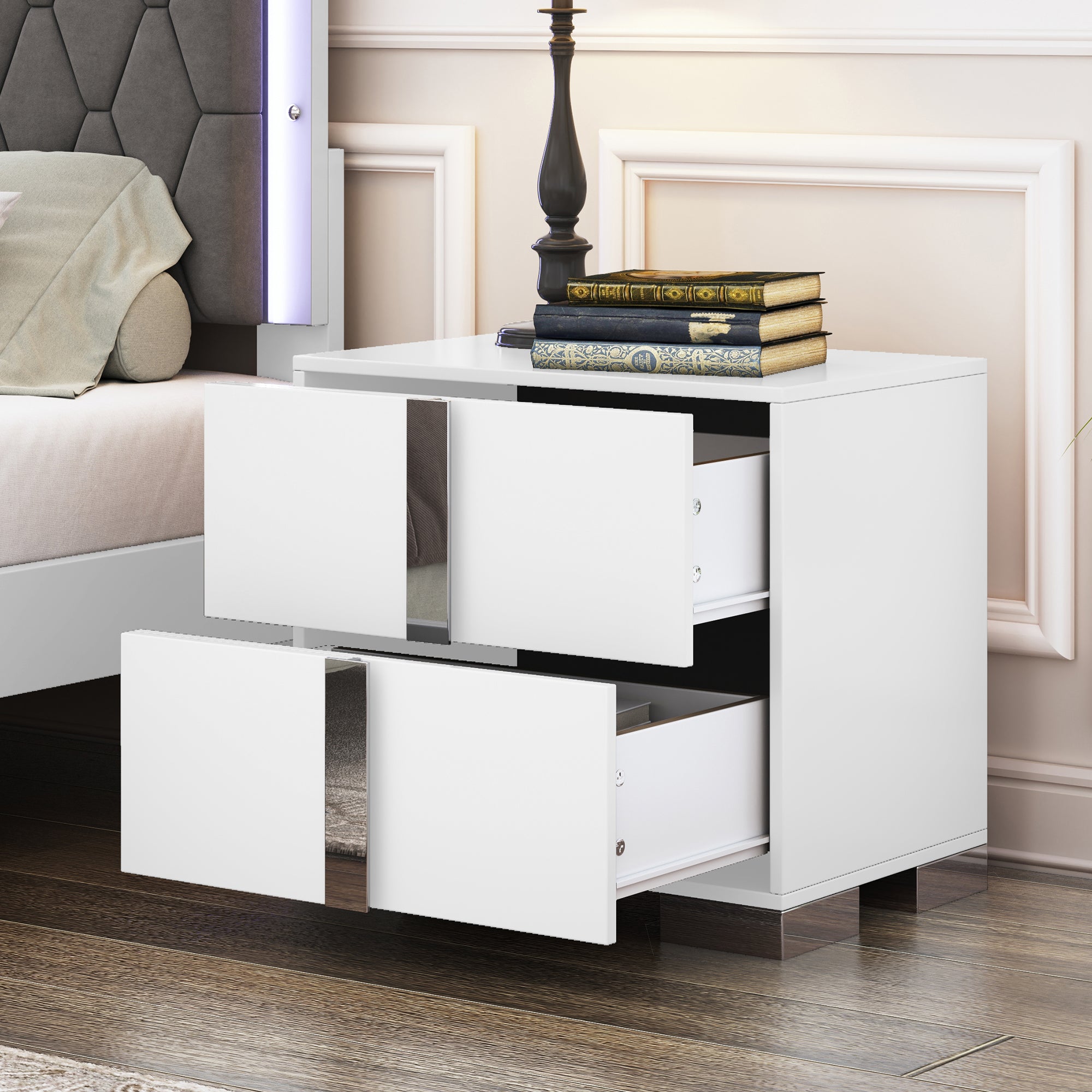 Elegant Nightstand with Metal Foot, Mirrored Bedside Table with 2 Drawers for Bedroom, Living Room, White (Old SKU: WF319353AAK) Secondary image