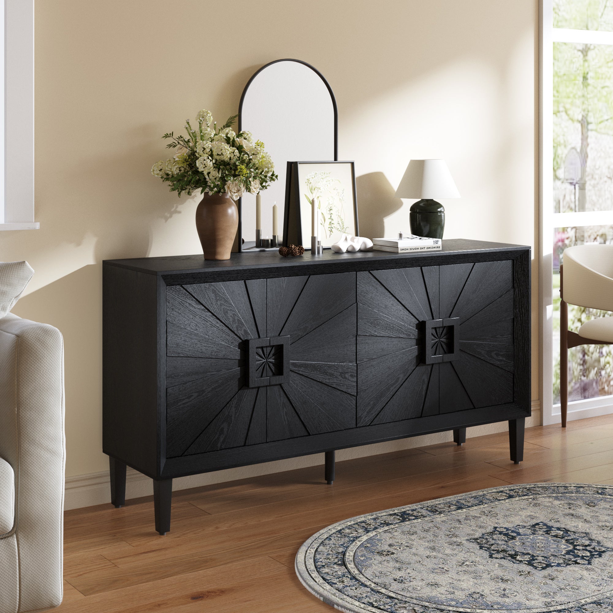 60' Premium Rustic American Farmhouse Credenza in Elegant Black - Symmetrical Sunburst Door Design, Heavy-Duty TV Stand with Adjustable Shelves, Black Wood Storage Cabinet Main image
