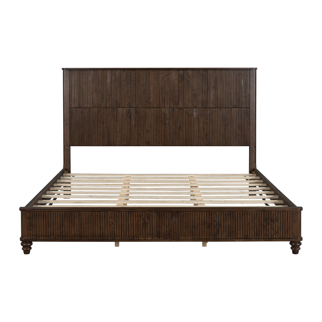 Walnut Solid Wood King Platform Bed Frame with Tall Headboard, No Box Spring Needed, Crafted from Rubber Wood and Plywood