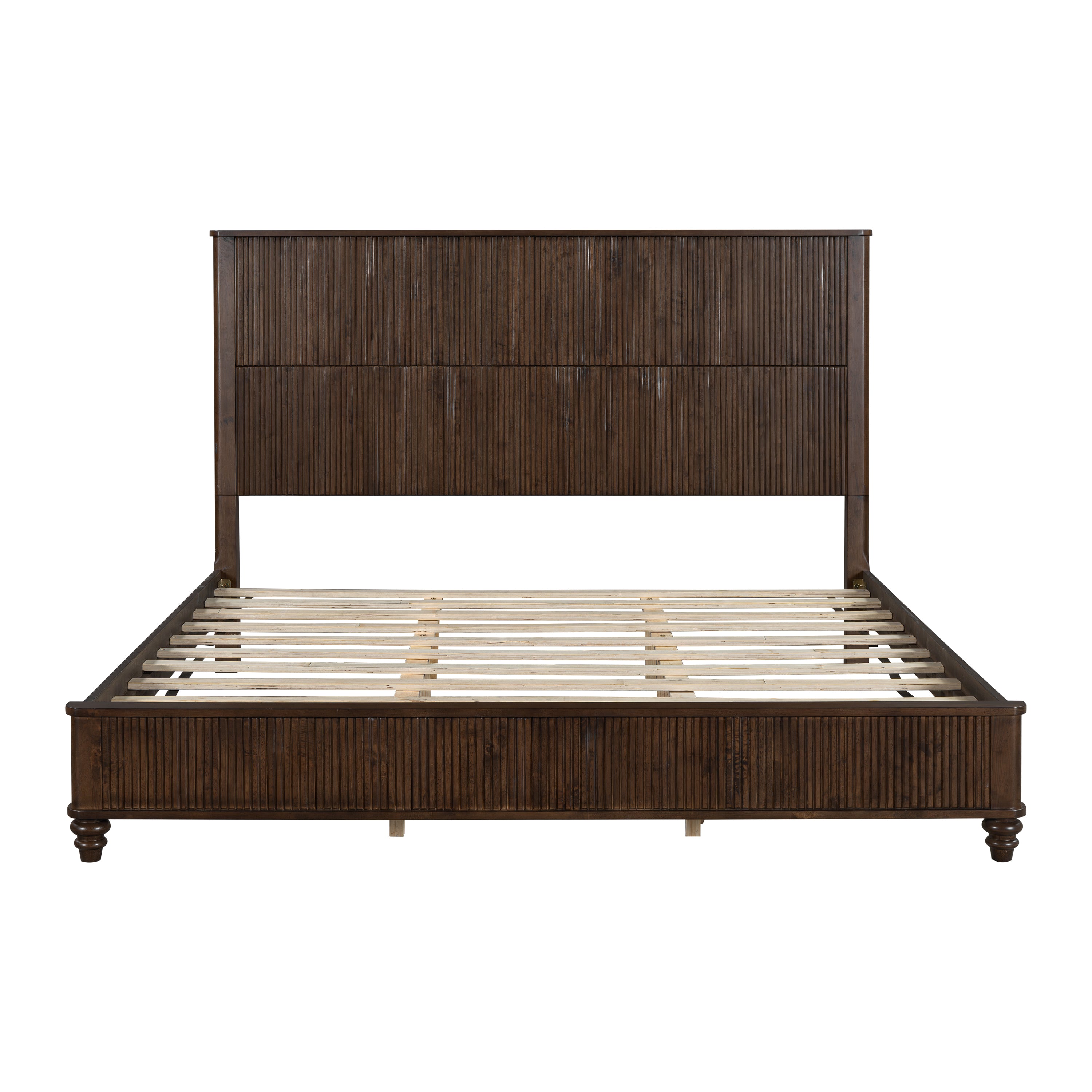 Walnut Solid Wood King Platform Bed Frame with Tall Headboard, No Box Spring Needed, Crafted from Rubber Wood and Plywood