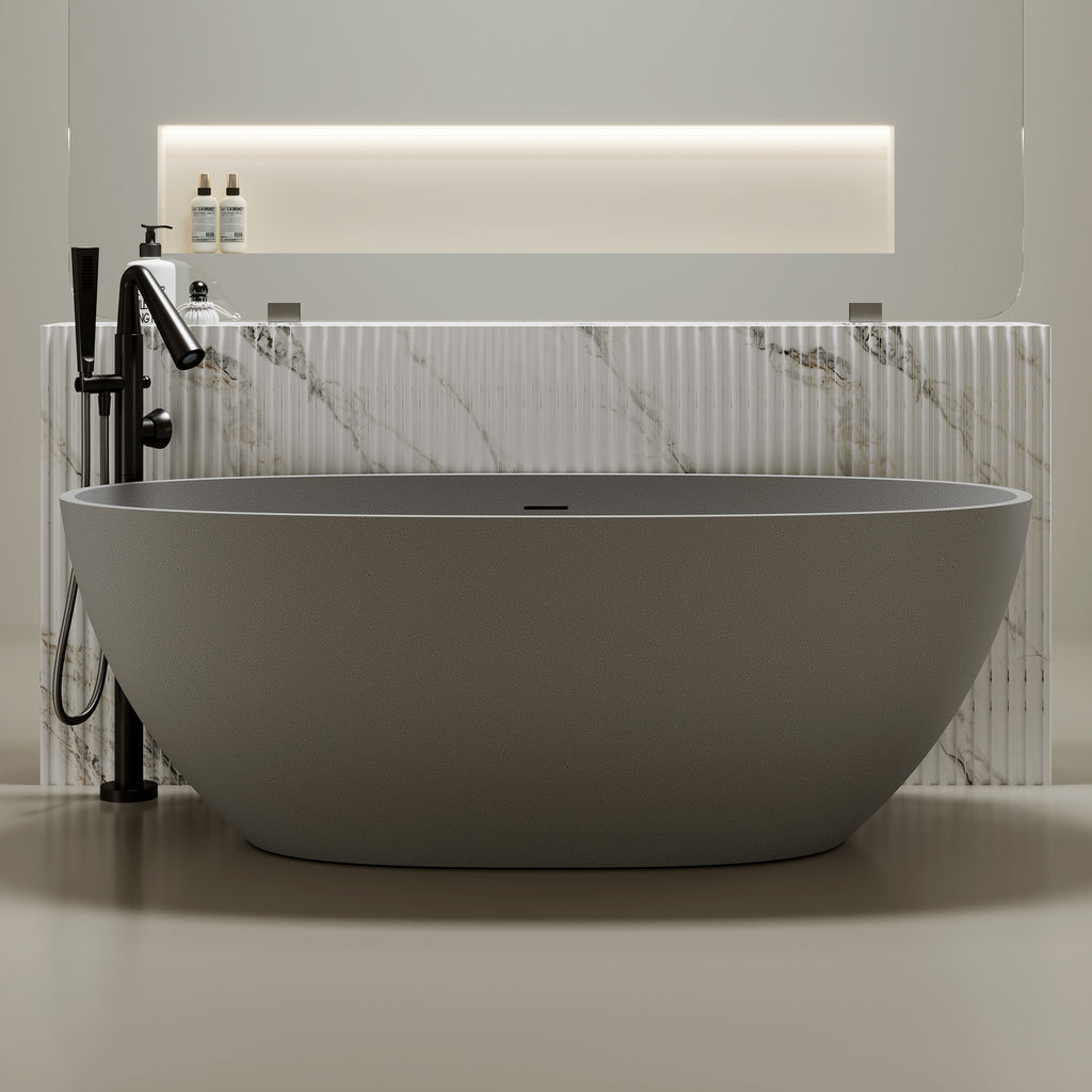 59'' Freestanding Bathtub Resin Stone Soaking Bathtub Solid Surface Modern Tubs with Overflow and Pop-up Drain
