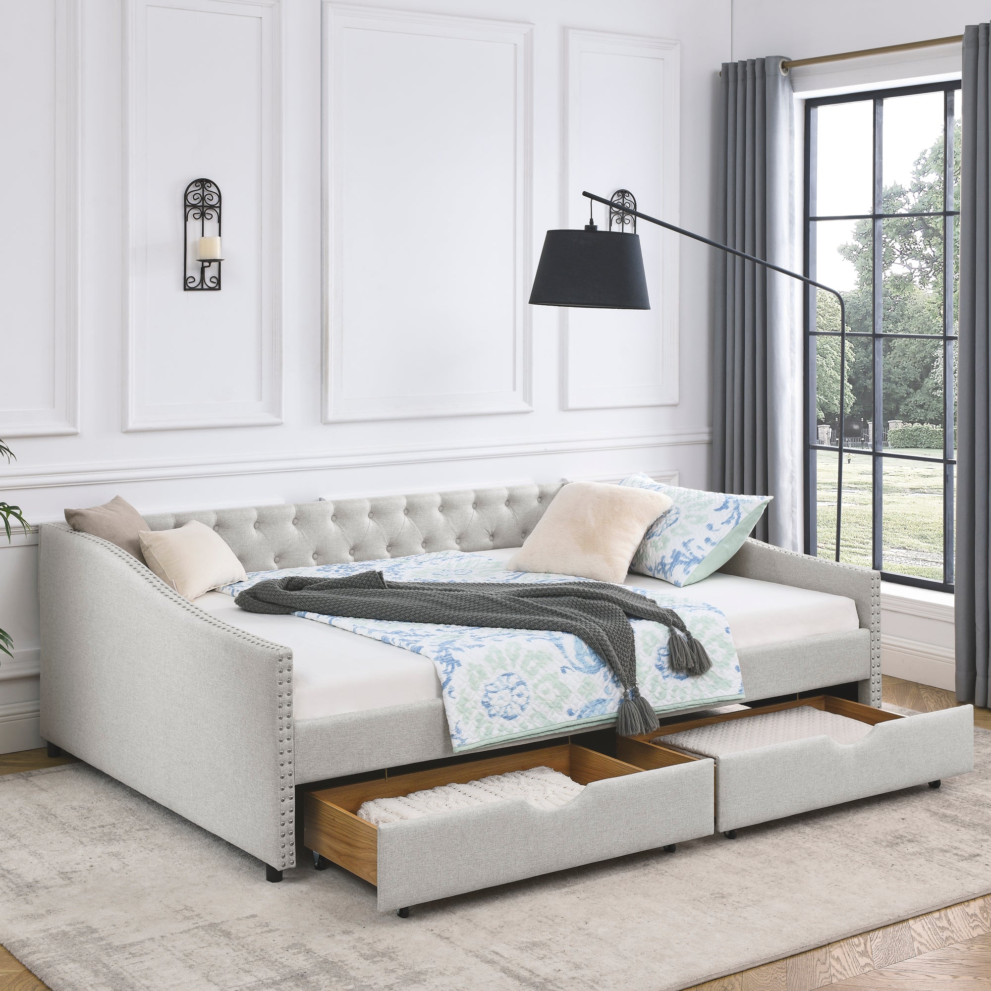 Mid-Century Beige Upholstered Tufted Daybed with Drawers, Copper Nailhead Trim on Waved Arms, Queen Size (84.5''x63.5''x26.5'') Secondary image