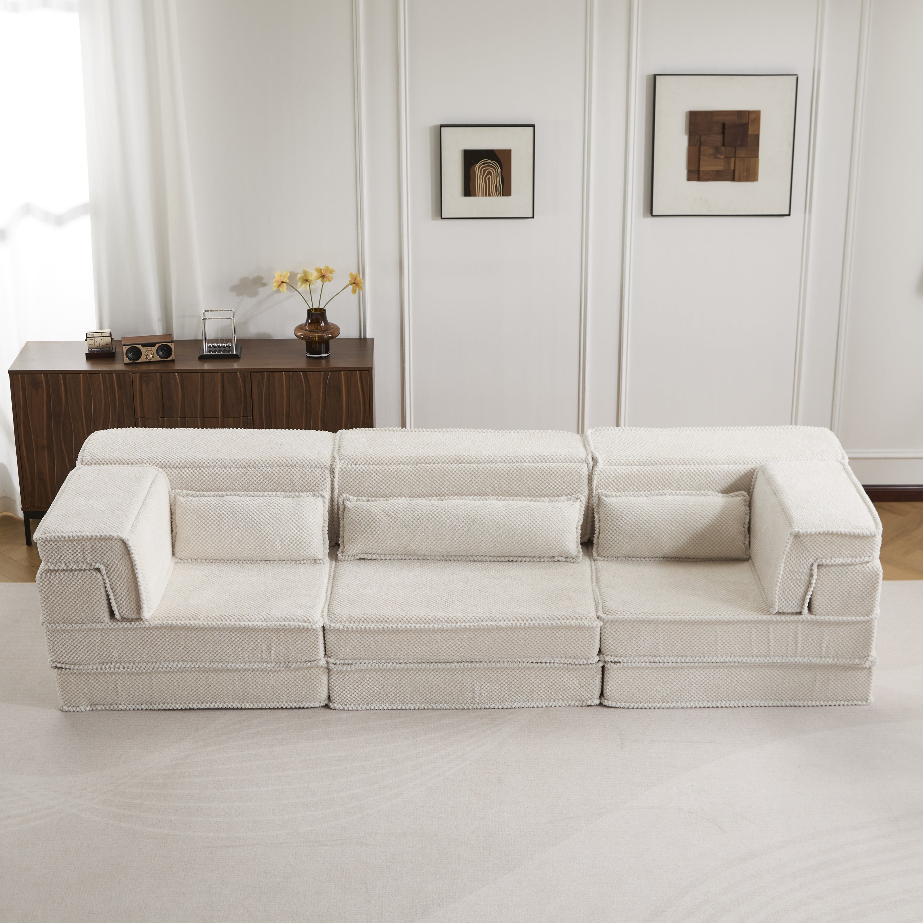 Compression Mahjong Sofa,Convertible Floor Sofa Bed,DIY Boneless Modular Sectional Sofa,No Assembly Required,Circle fleece fabric,Oversized 3 Seater with 3 Pillows,White Secondary image