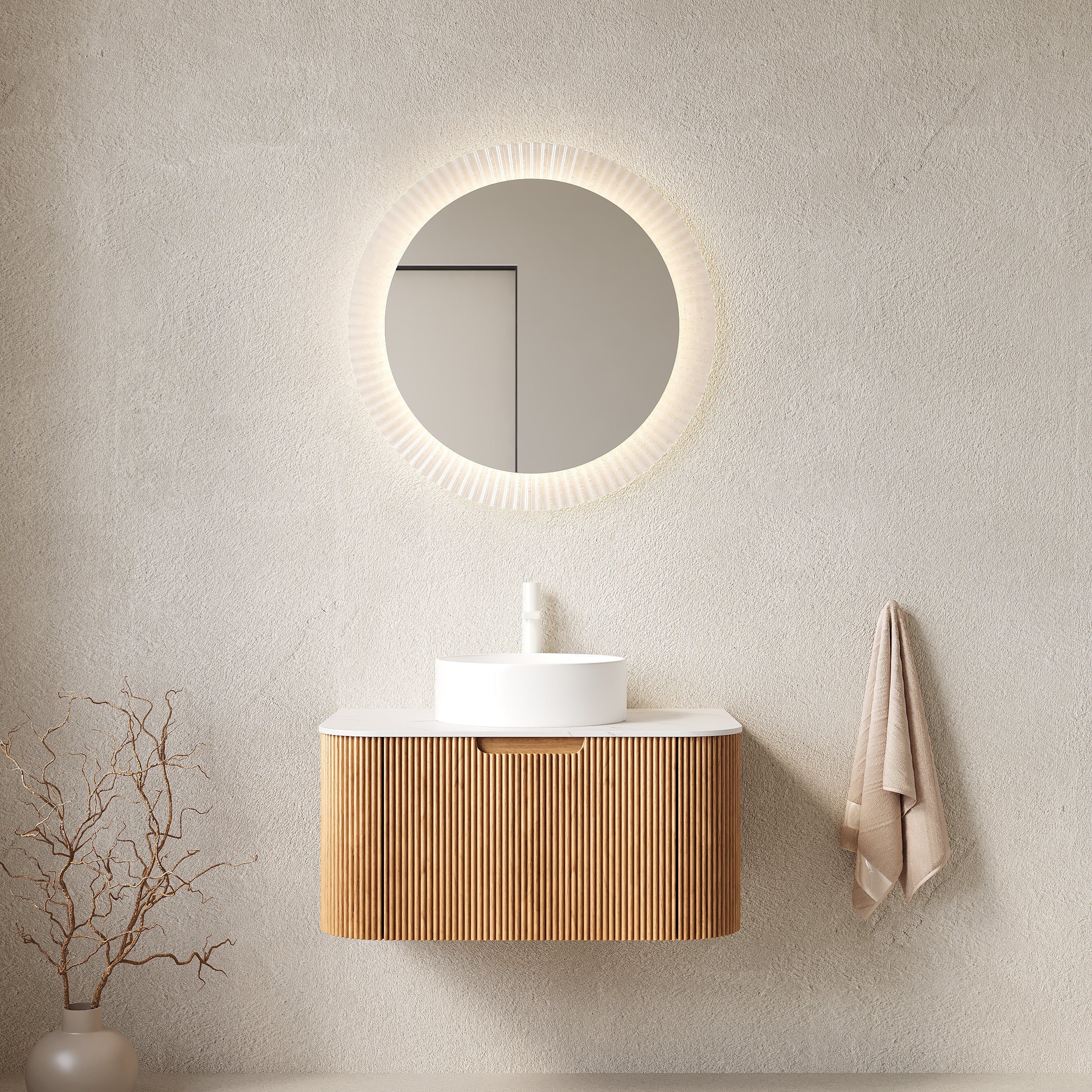 DINA 30' Bathroom Vanity&Sink, Floating Curved Edges Striped Bathroom Storage Cabinet with Drawer, White Round Ceramic Basin&Carrara White Artificial Marble Top, Pre-assembled, Natural Woodgrain Color Main image