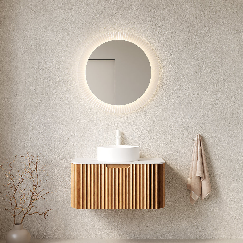 DINA 30' Bathroom Vanity&Sink, Floating Curved Edges Striped Bathroom Storage Cabinet with Drawer, White Round Ceramic Basin&Carrara White Artificial Marble Top, Pre-assembled, Natural Woodgrain Color