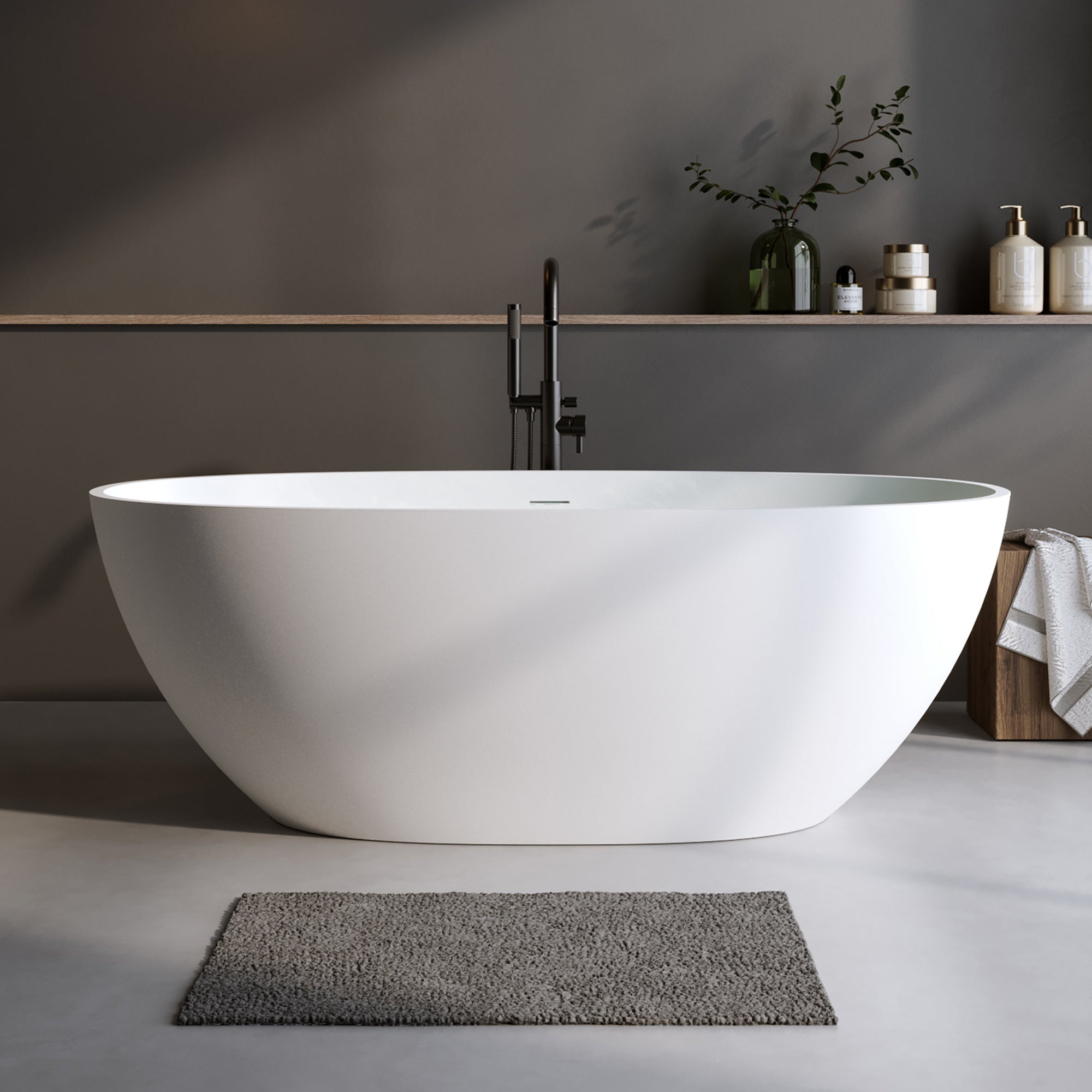 63″Solid Surface Matte Tub, Solid Surface Soaking Tub, Stone Resin Freestanding Bathtub, Thick Edge Stand Alone Tubs with Overflow, Pop-up Drain, Matte White (Oval) Main image