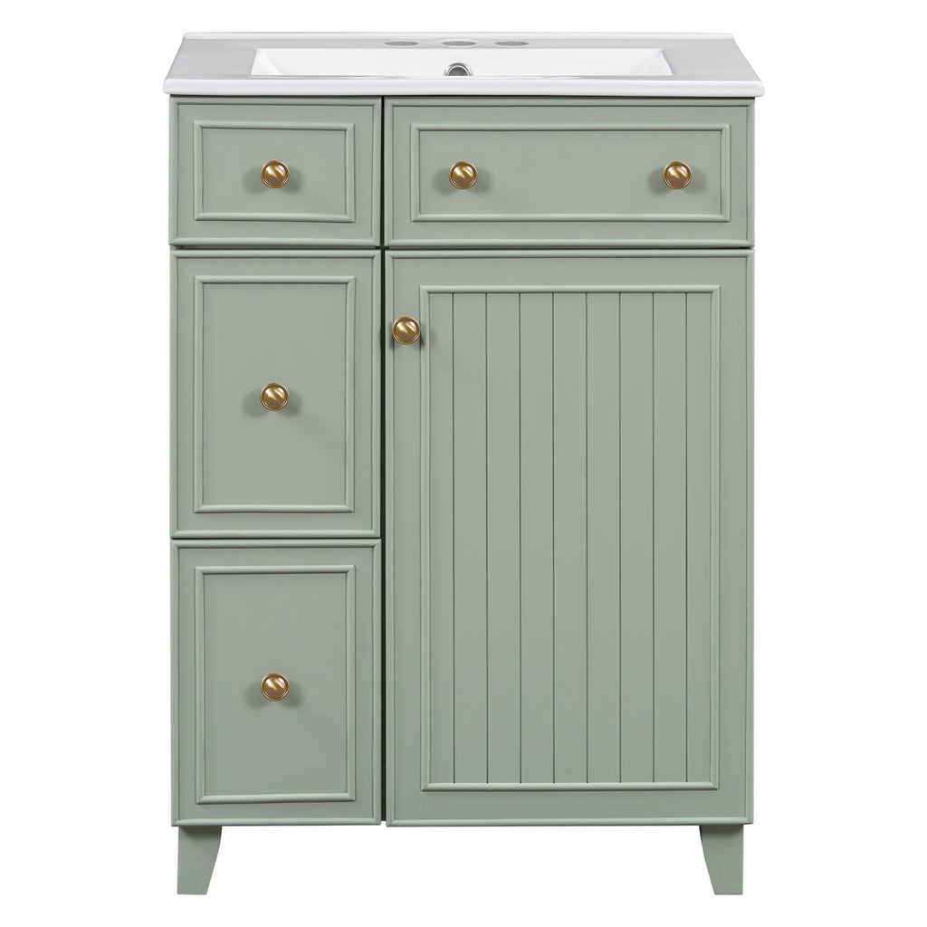 Transitional Style 24-Inch Bathroom Vanity Cabinet with Ceramic Sink, Green Solid Wood and MDF