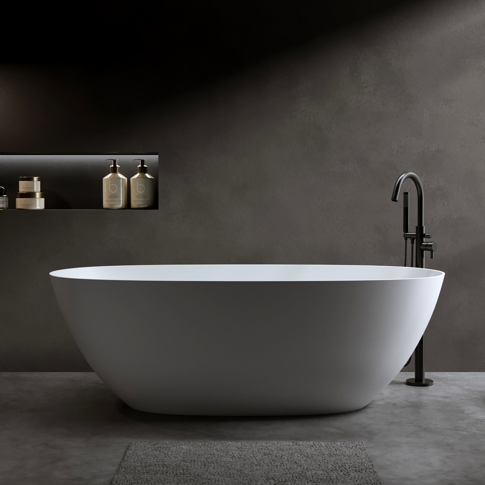 57″Solid Surface Matte Tub, Solid Surface Soaking Tub, Stone Resin Freestanding Bathtub, Thick Edge Stand Alone Tubs with Overflow, Pop-up Drain, Matte White (Oval) Main image
