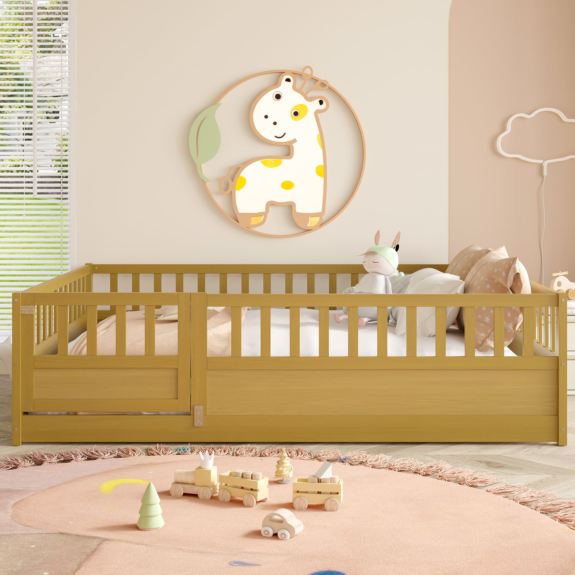 Full Size Floor bed, integral construction with super high security barrier, door, children's floor bed frame, Montessori wooden children's floor bed, Support  slat Natural Wood(Patented model) Main image